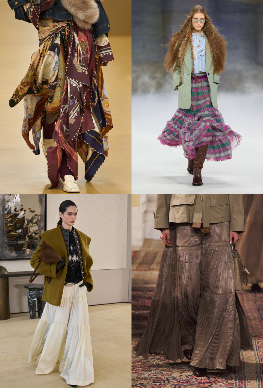 Four images of boho skirt trends for autumn, including plaid, tiered and a skirt with multiple prints and hem heights.