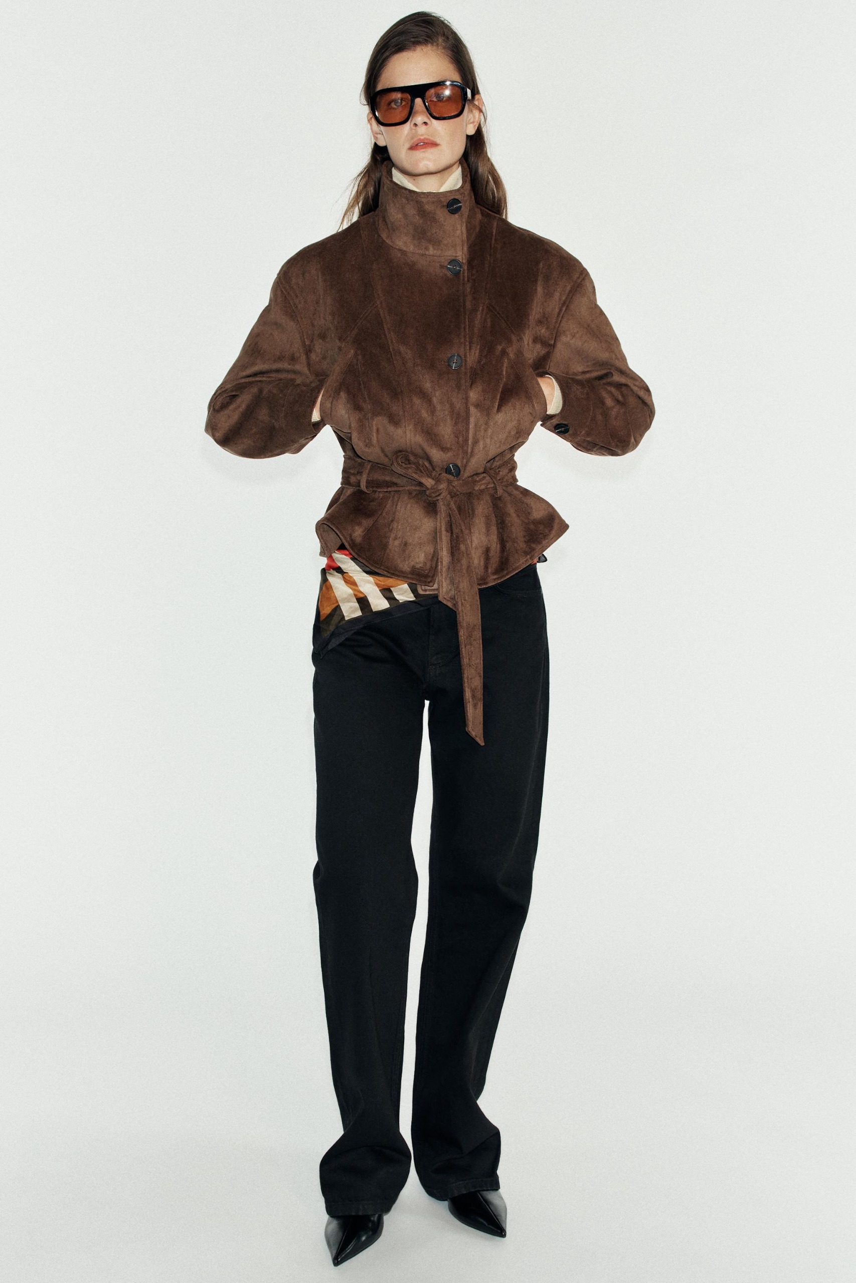 Faux Suede Belted Jacket - Dark Brown - Xs