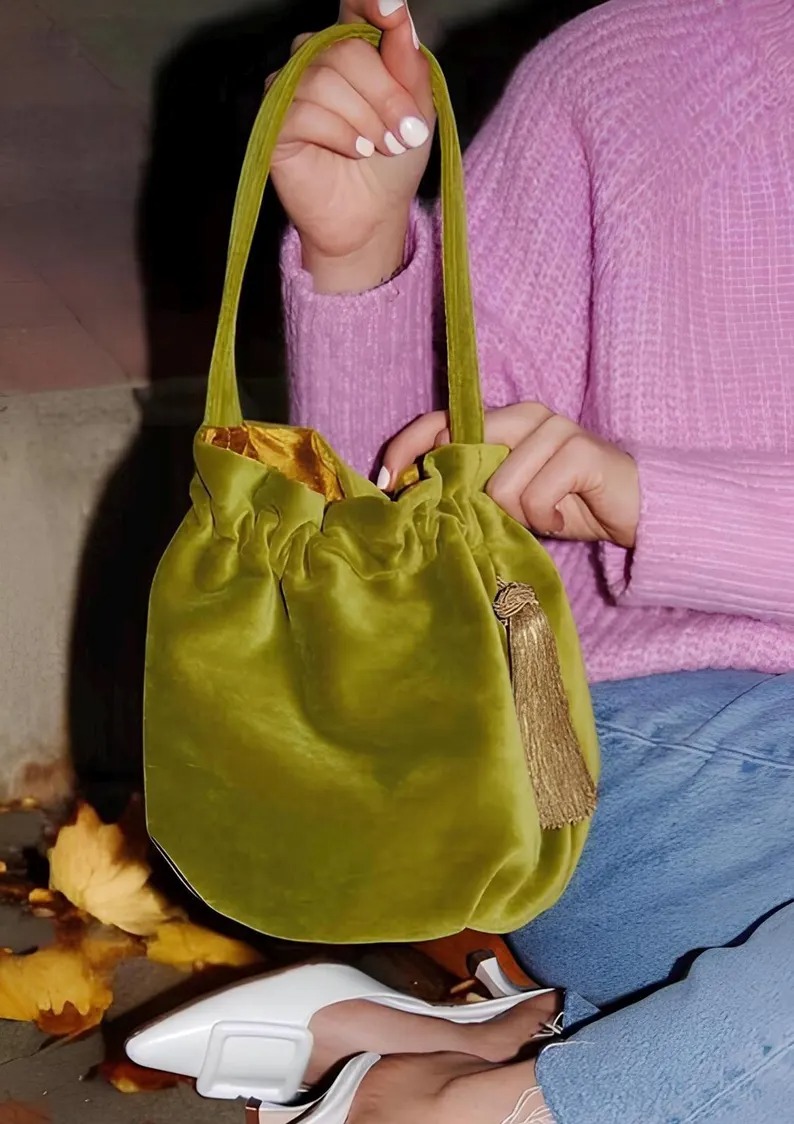 Maika Atelier , Olive Green Velvet Mini Bucket Bag with Tassel