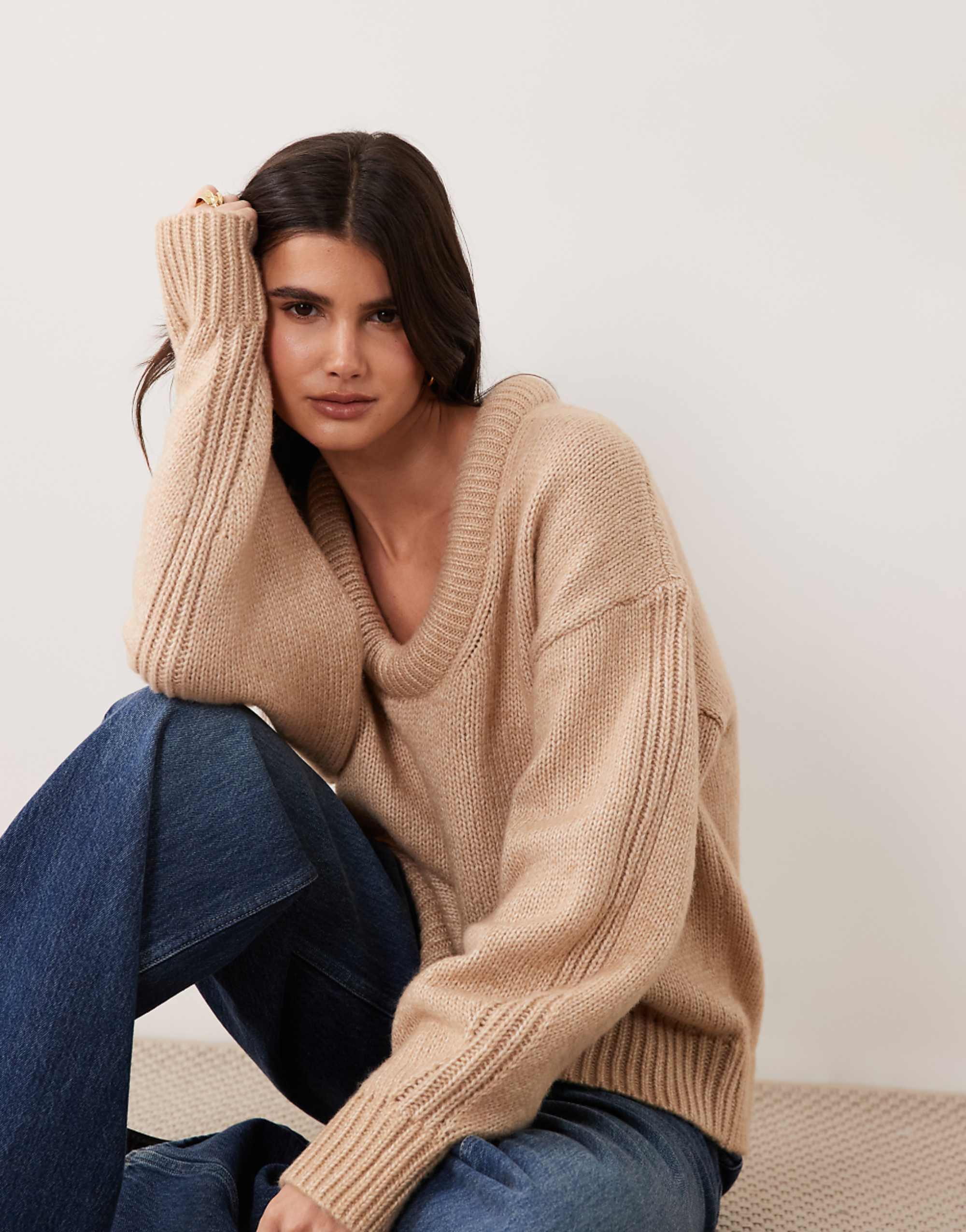 Asos Design Stuffed Scoop Neck Trim Jumper in Oatmeal