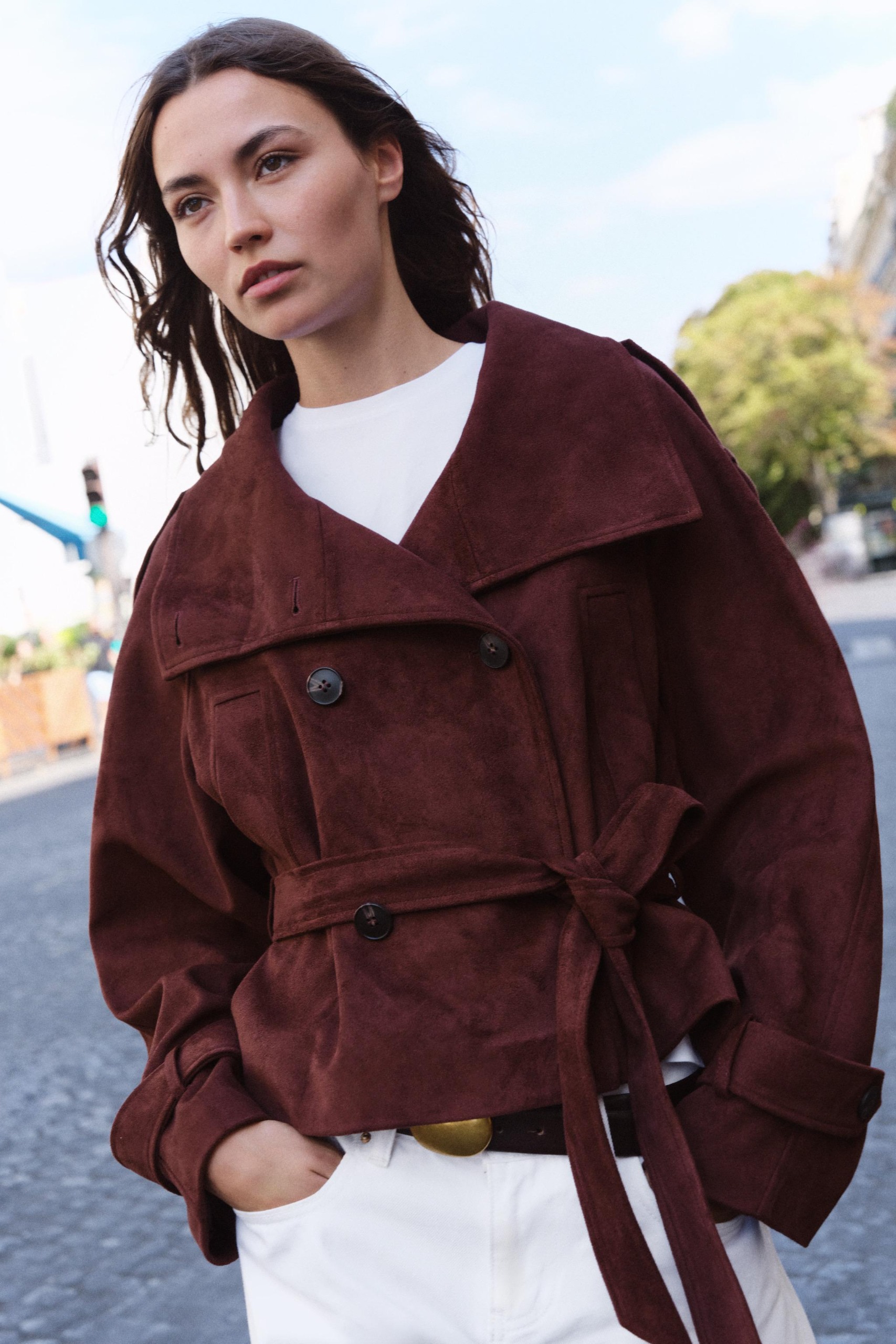 Faux Suede Jacket With Belt - Aubergine - Xs