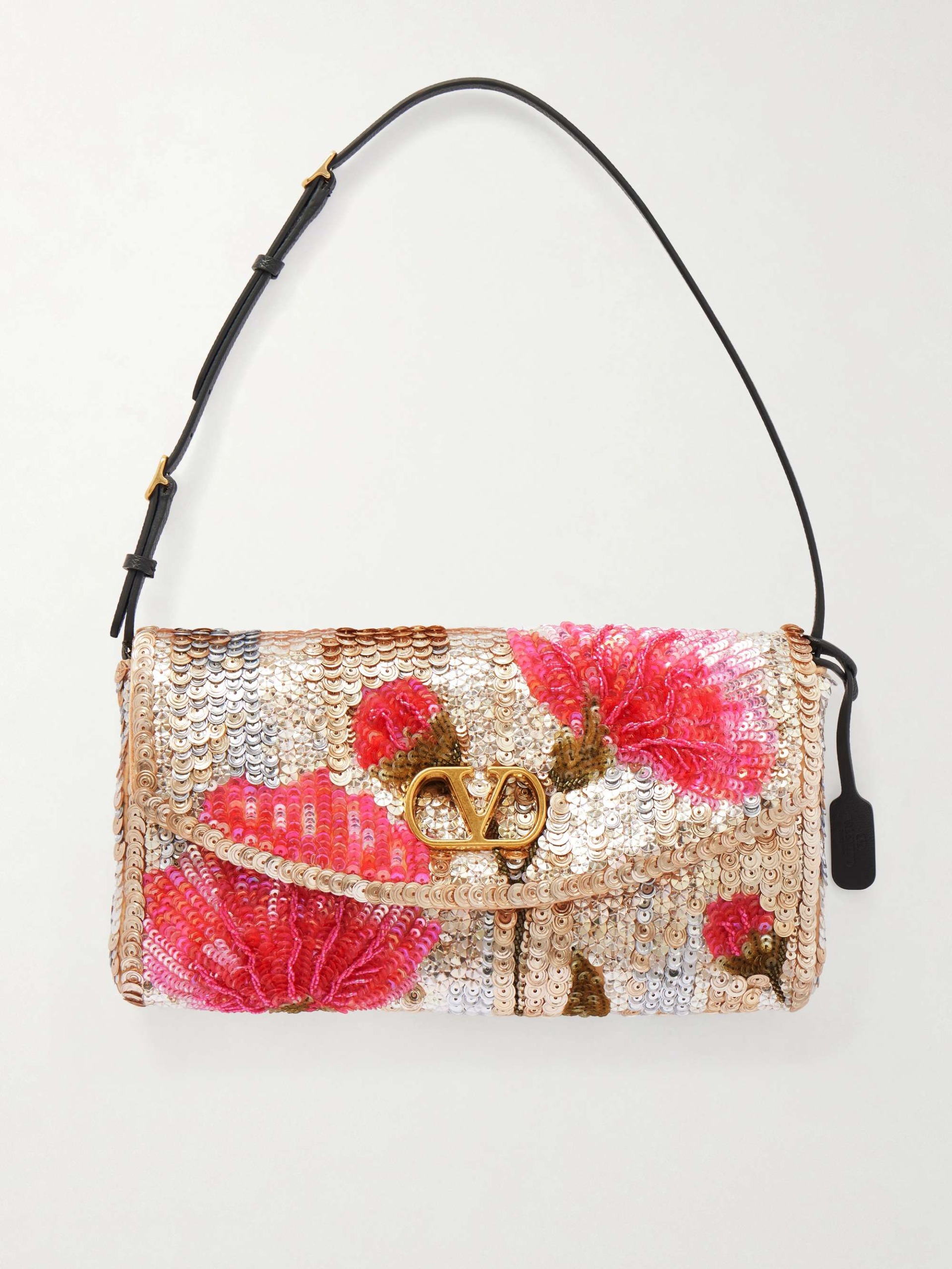Devain Leather-Trimmed Sequined Shoulder Bag