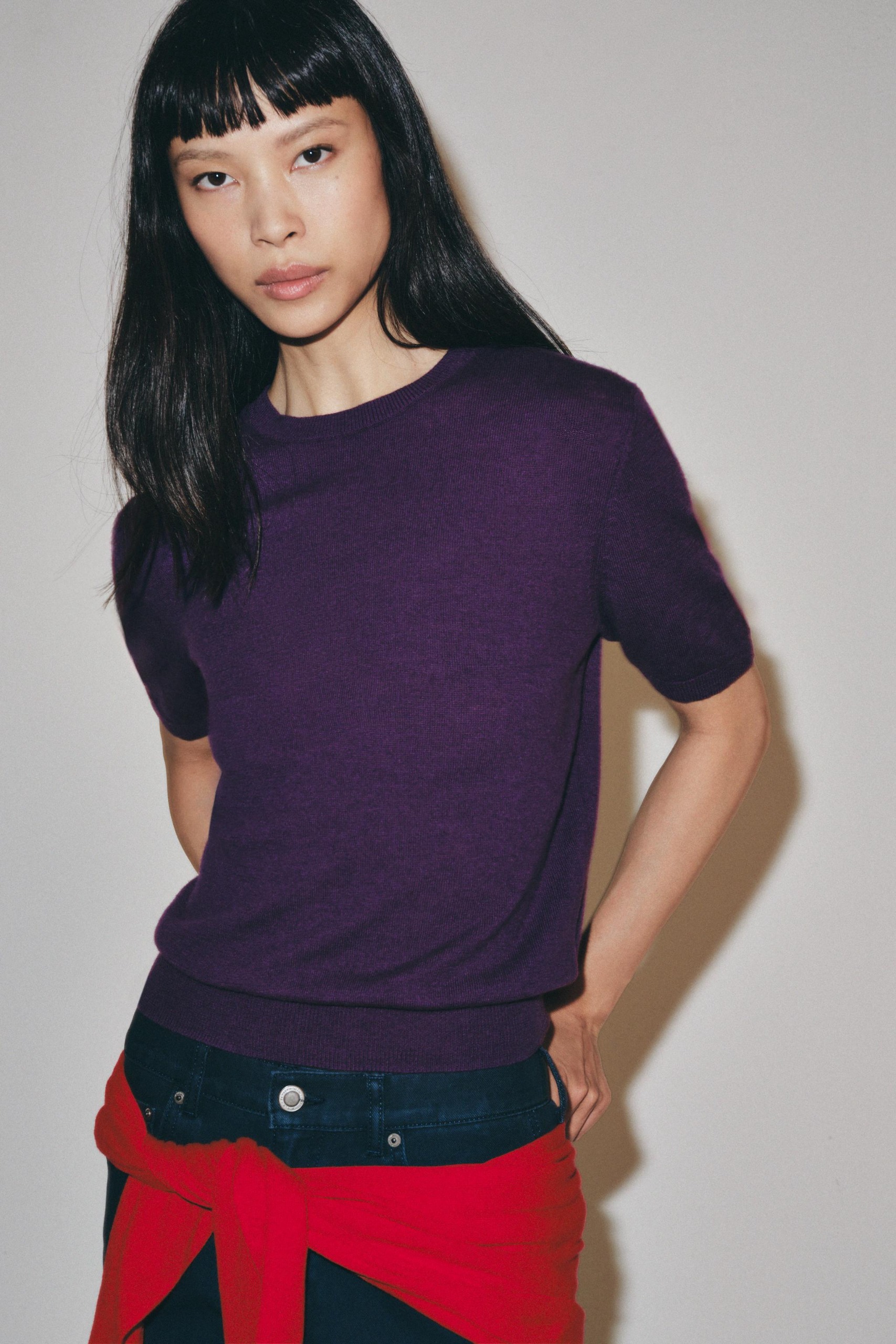 100% Wool Short Sleeve Jumper - Purple - S