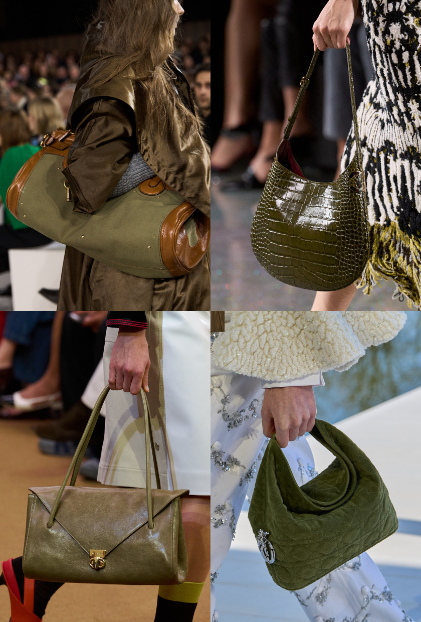 An image of olive green bags from Chloe, Chanel, Marni and Dior on the autumn/winter 2026 runways.