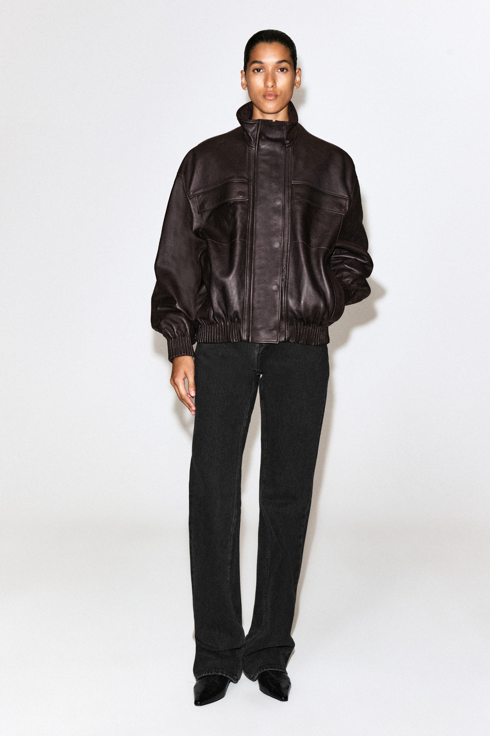 Leather Funnel-Neck Bomber Jacket