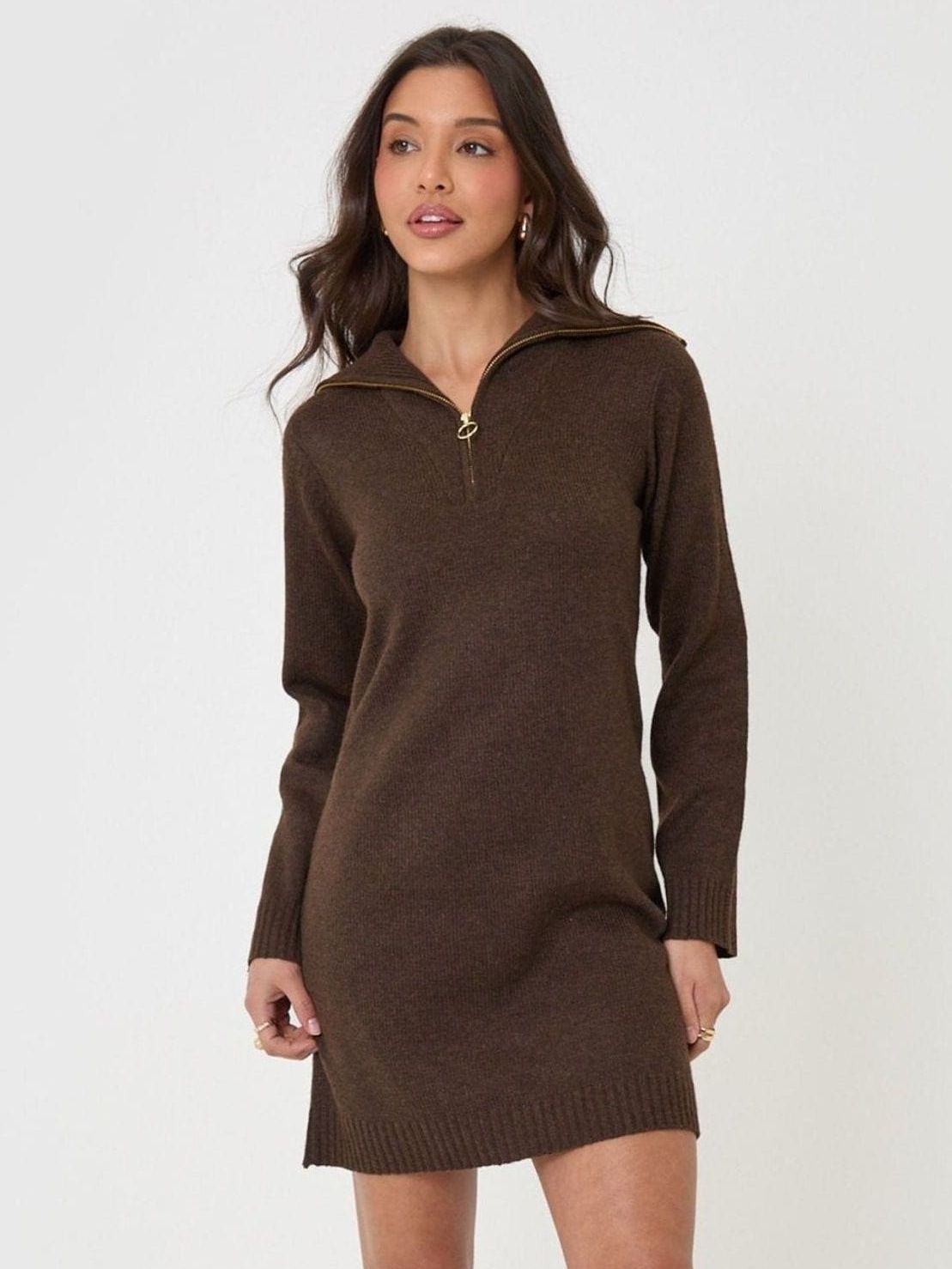 Threadbare Brown Quarter Zip Brushed Knit Mini Dress - Size 8