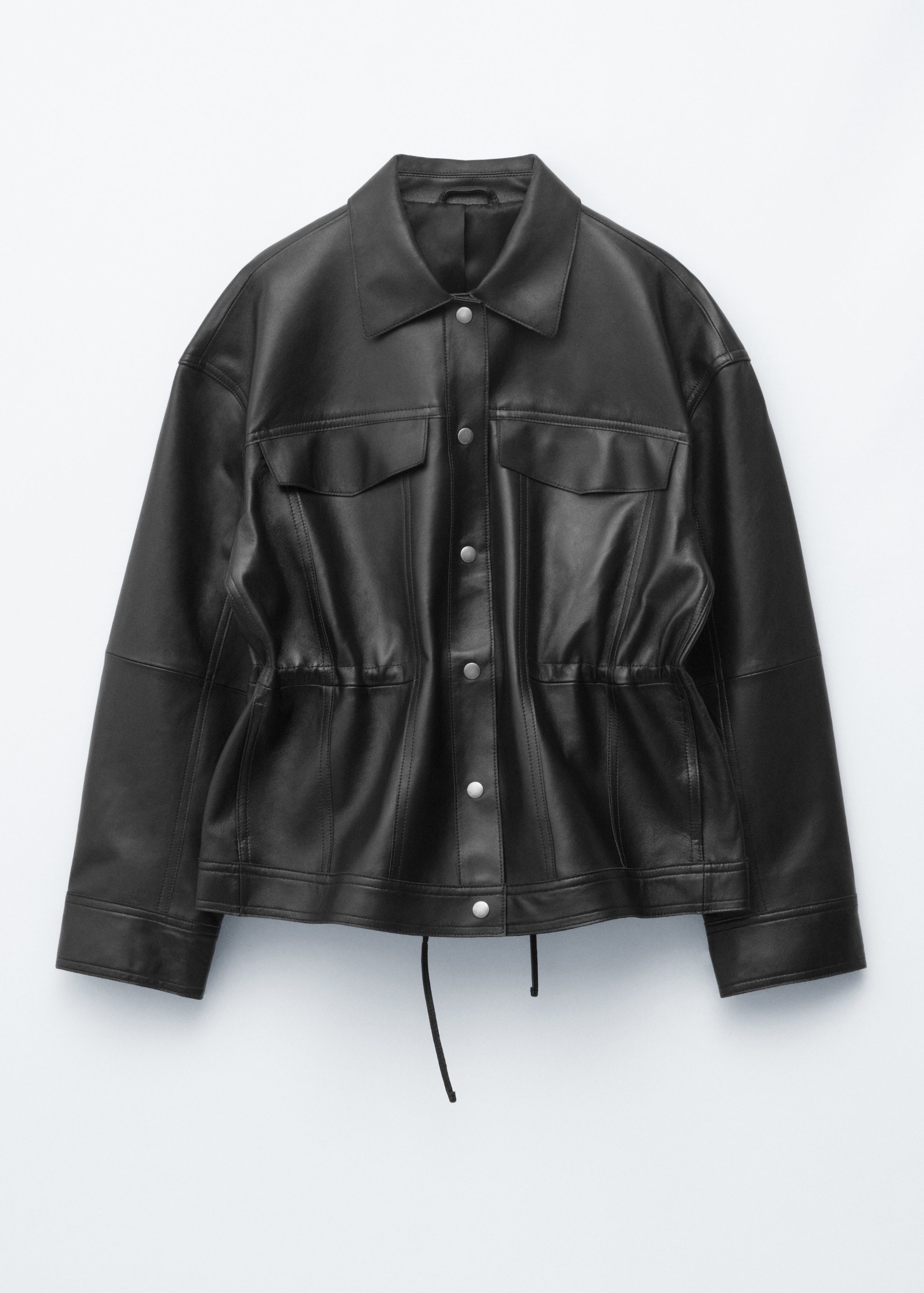 Drawstring-Waist Leather Jacket - Black
