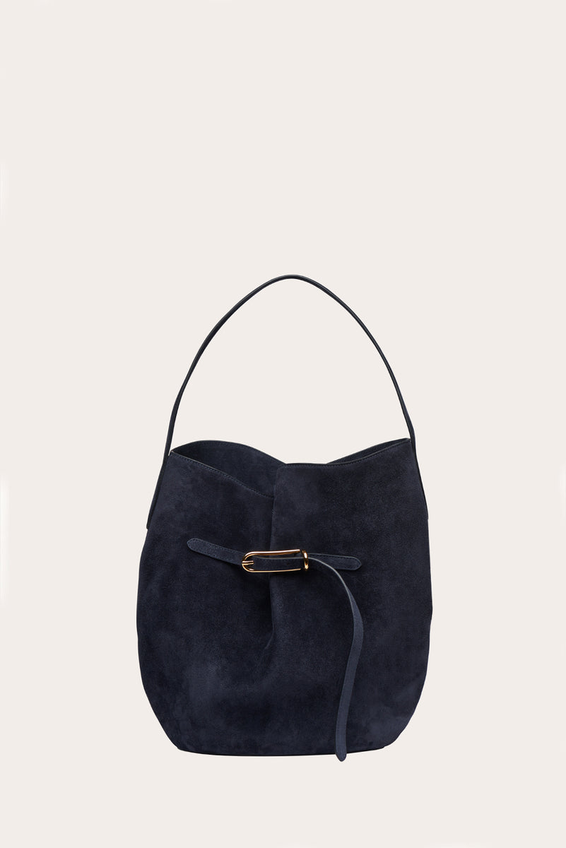 Belted Bucket Bag Large Navy Suede