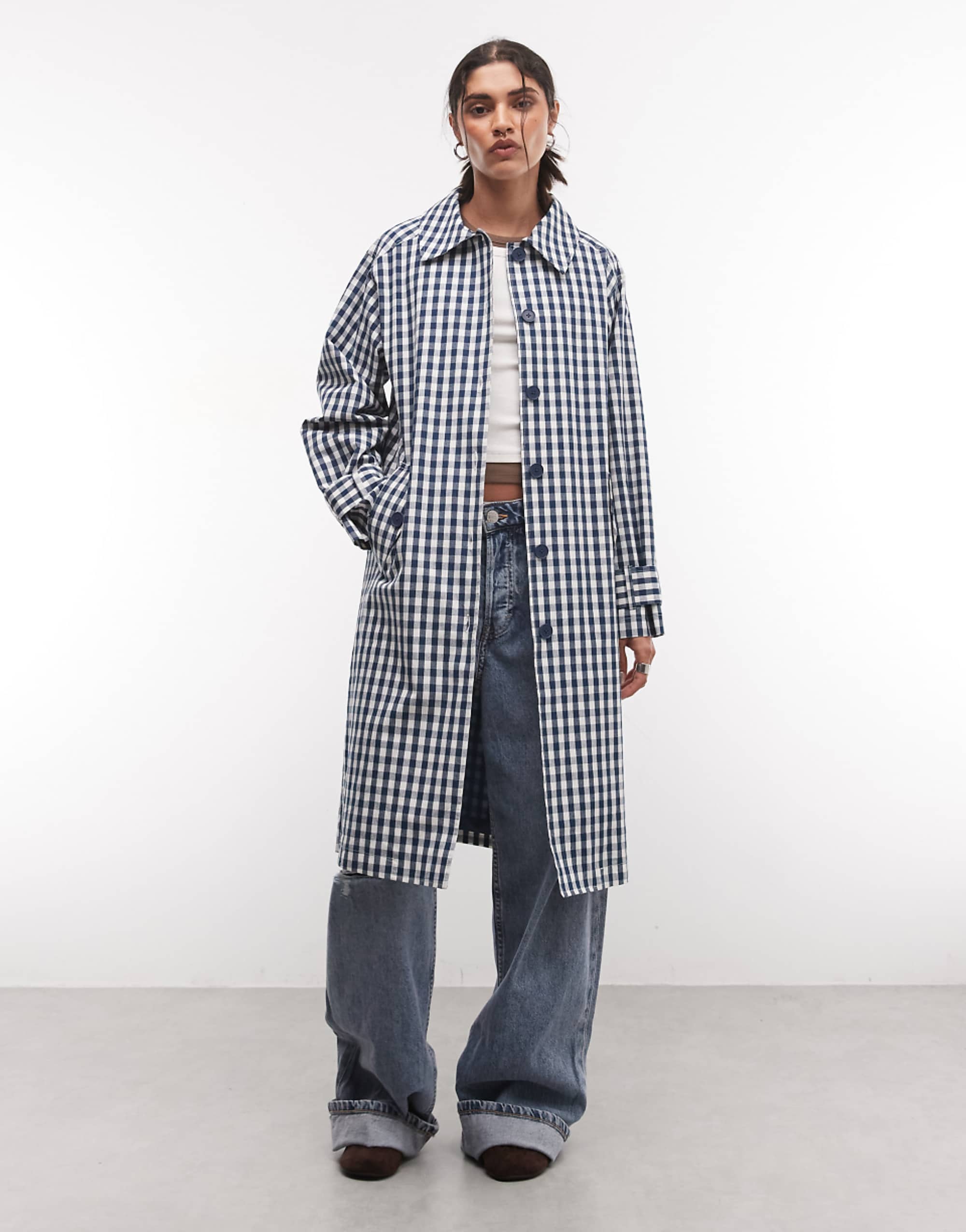 Reclaimed Vintage Gingham Check Trench in Navy