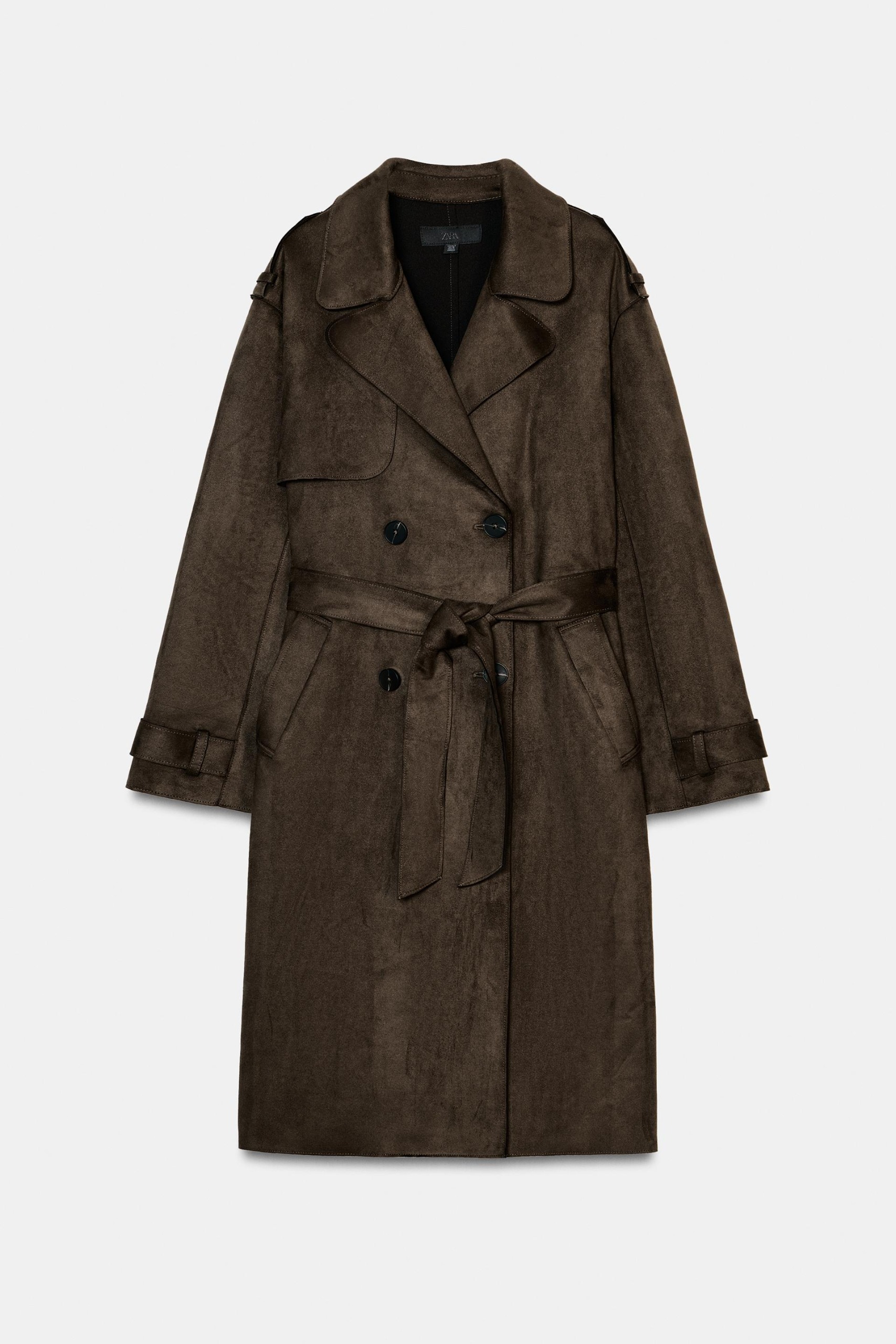Long Faux Suede Trench Coat With Belt - Light Khaki - Xs