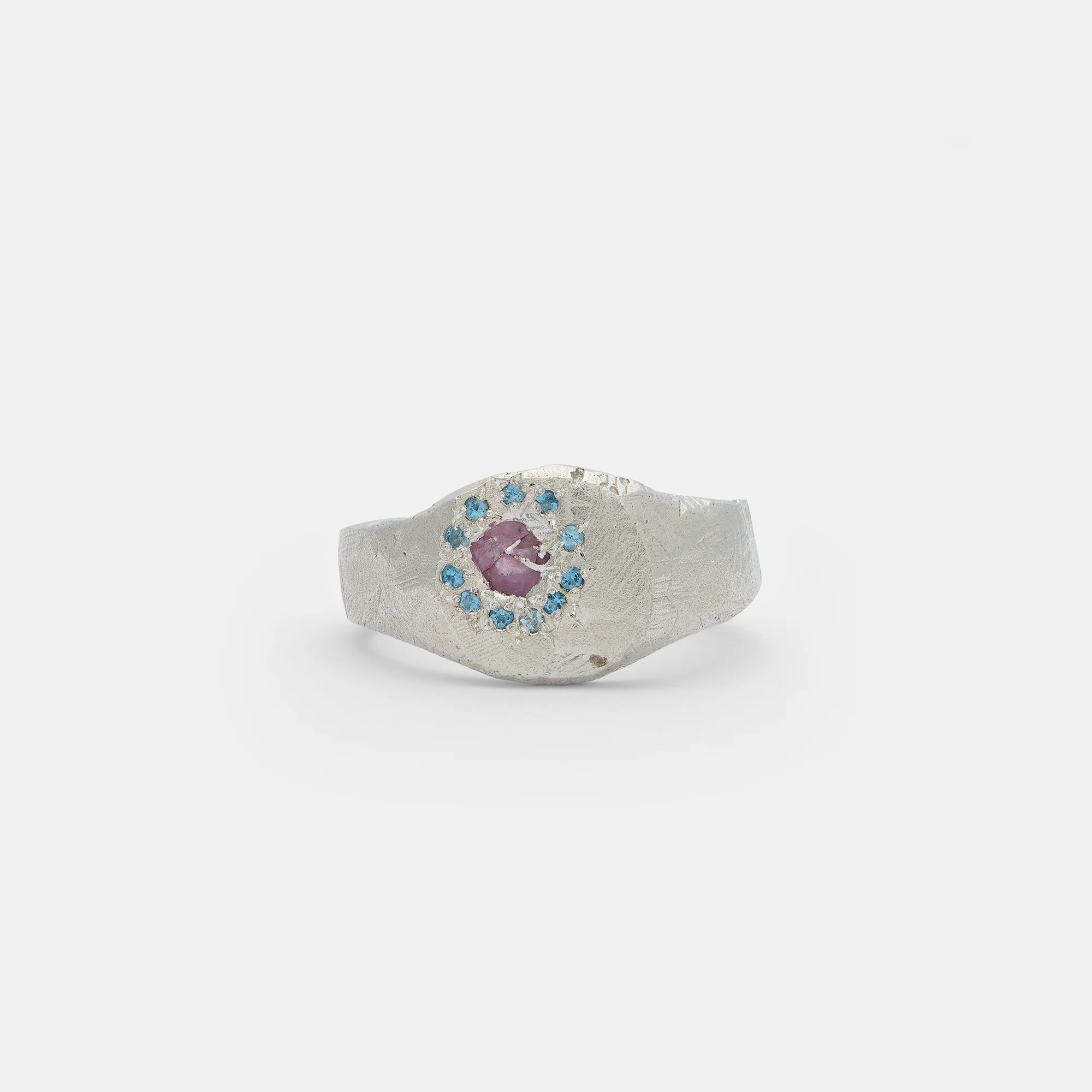 The Ouze, Sapphire & Aquamarine Round Halo Signet