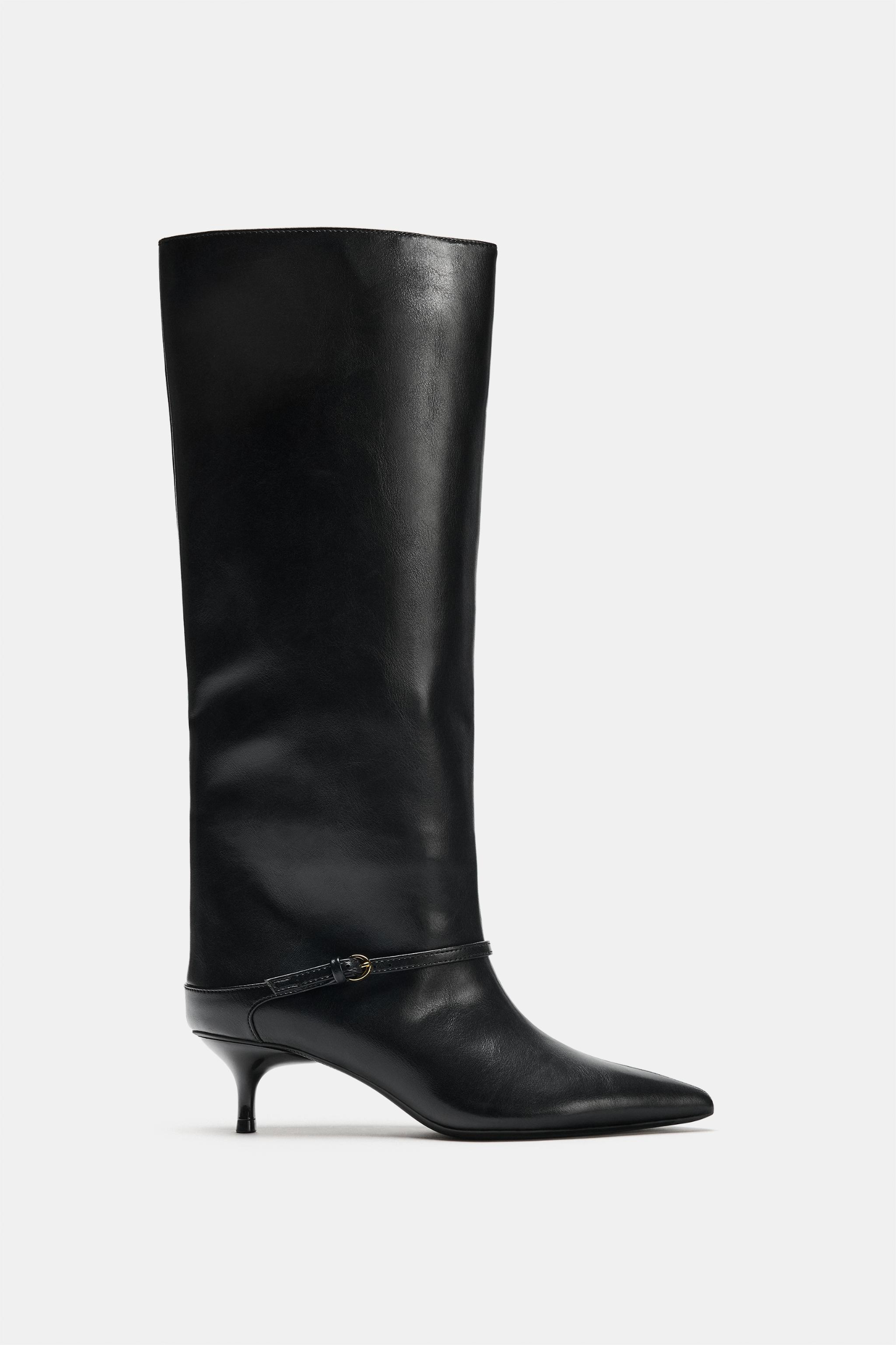 ZARA, Kitten Heel Buckle Knee-High Boots