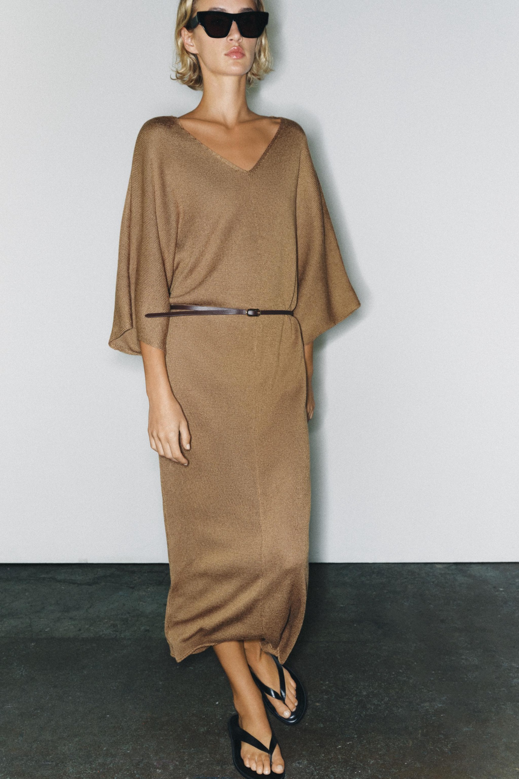 Belted Knit Midi Dress - Brown - S