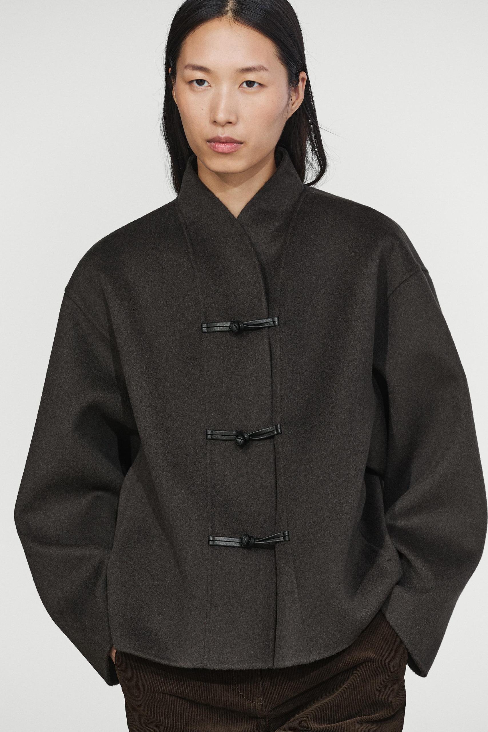 Short Wool Blend Coat With Suede Button Detail