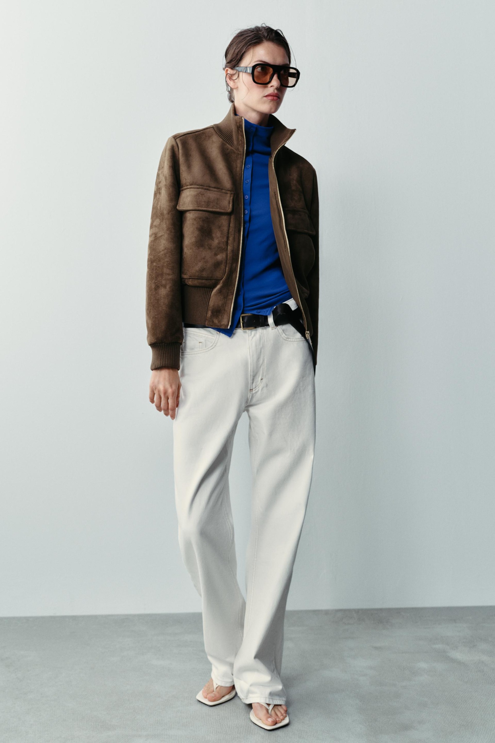 Faux Suede Bomber Jacket - Light Beige - Xs