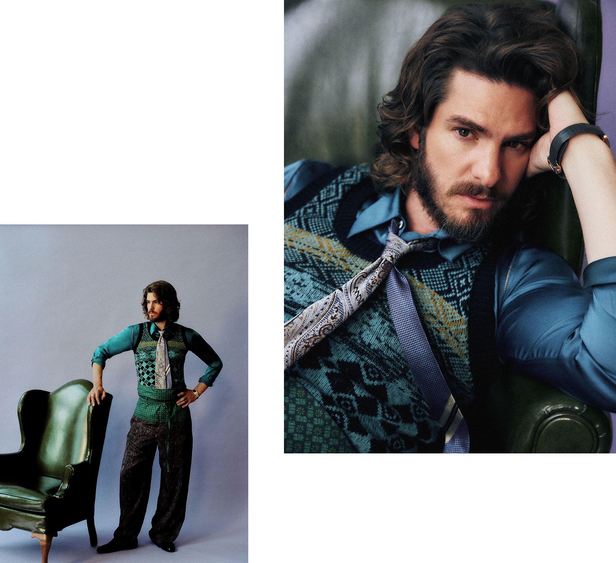 Andrew Garfield for Who What Wear's September cover wearing a blue zipper-accented button-down with a patterned sweater vest, tie, and pants.