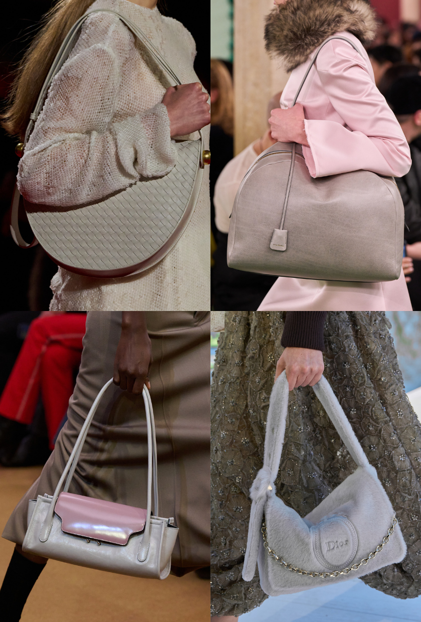 An image of grey bags from Bottega Veneta, Acne, Marni and Dior on the autumn/winter 2026 runways.