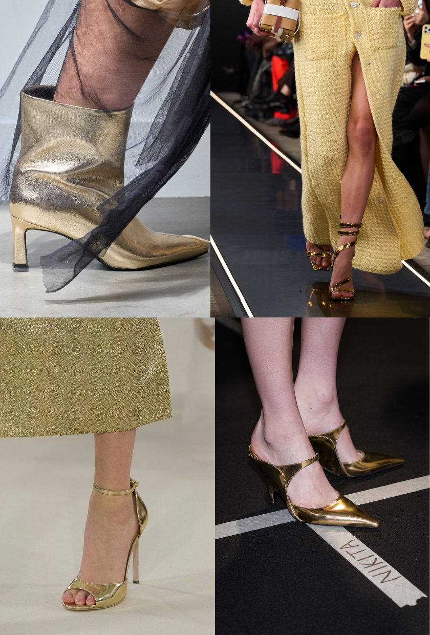The image shows on of autumns shoe colour trends. the topic is gold shoes.