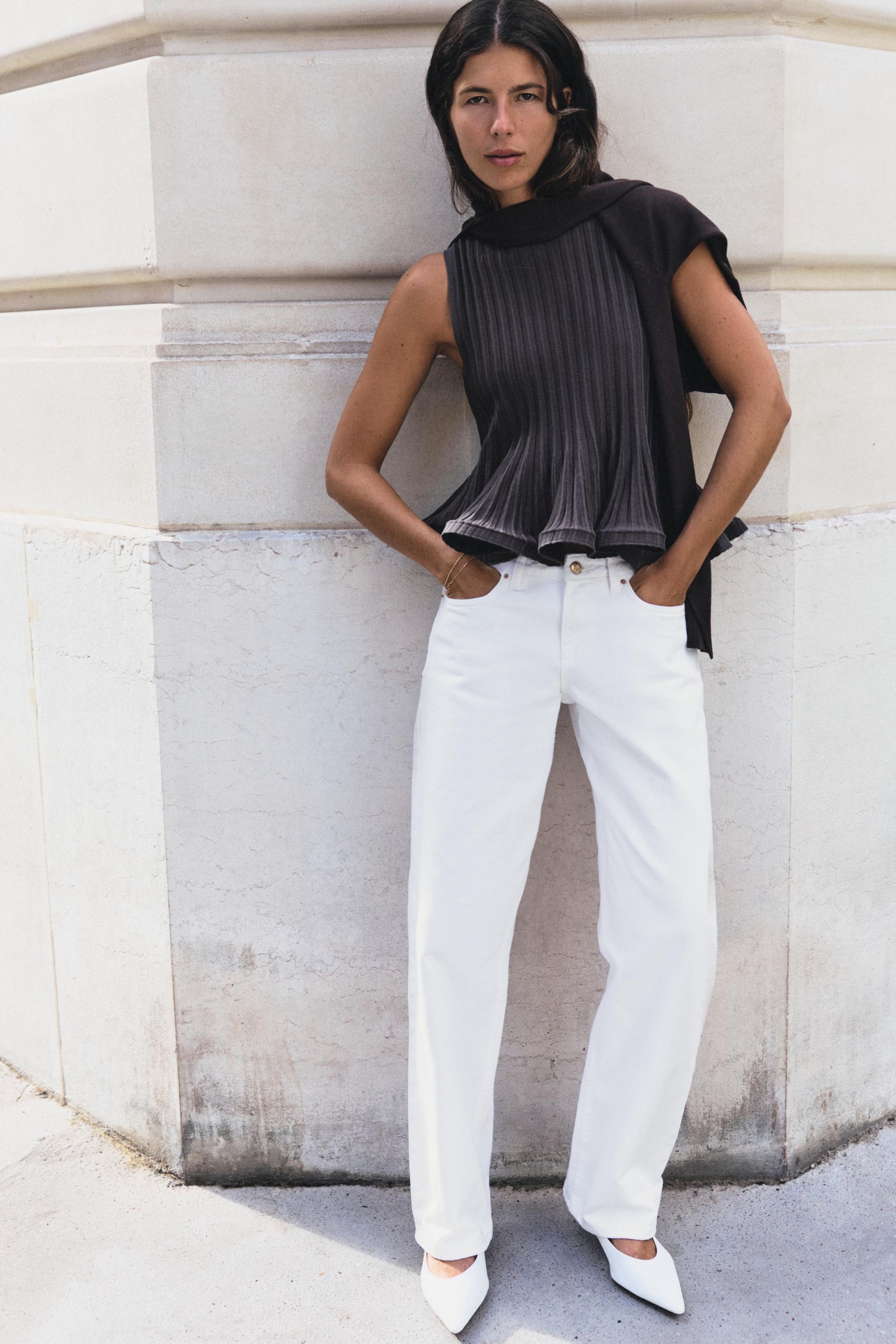 Ribbed Tank Top With Wavy Hem - Anthracite Grey - S