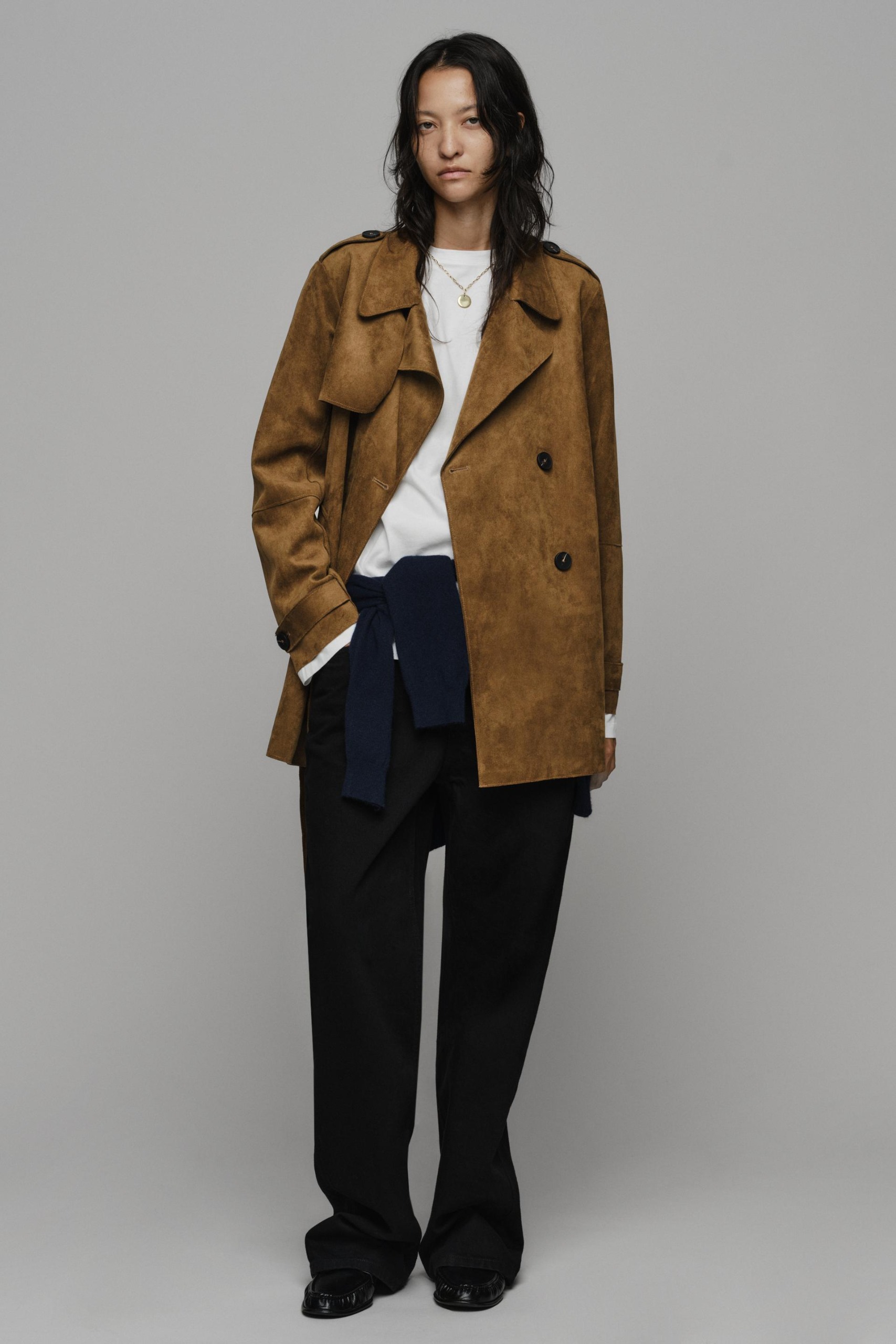 Belted Suede Effect Trench Coat - Brown - Xs