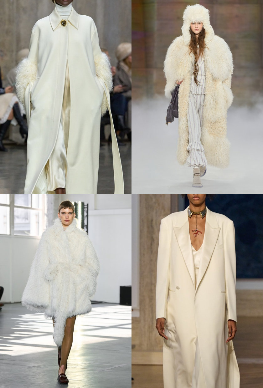 Four images from the autumn/winter runways of coats in a soft white colour, including fur coats and tailored coats