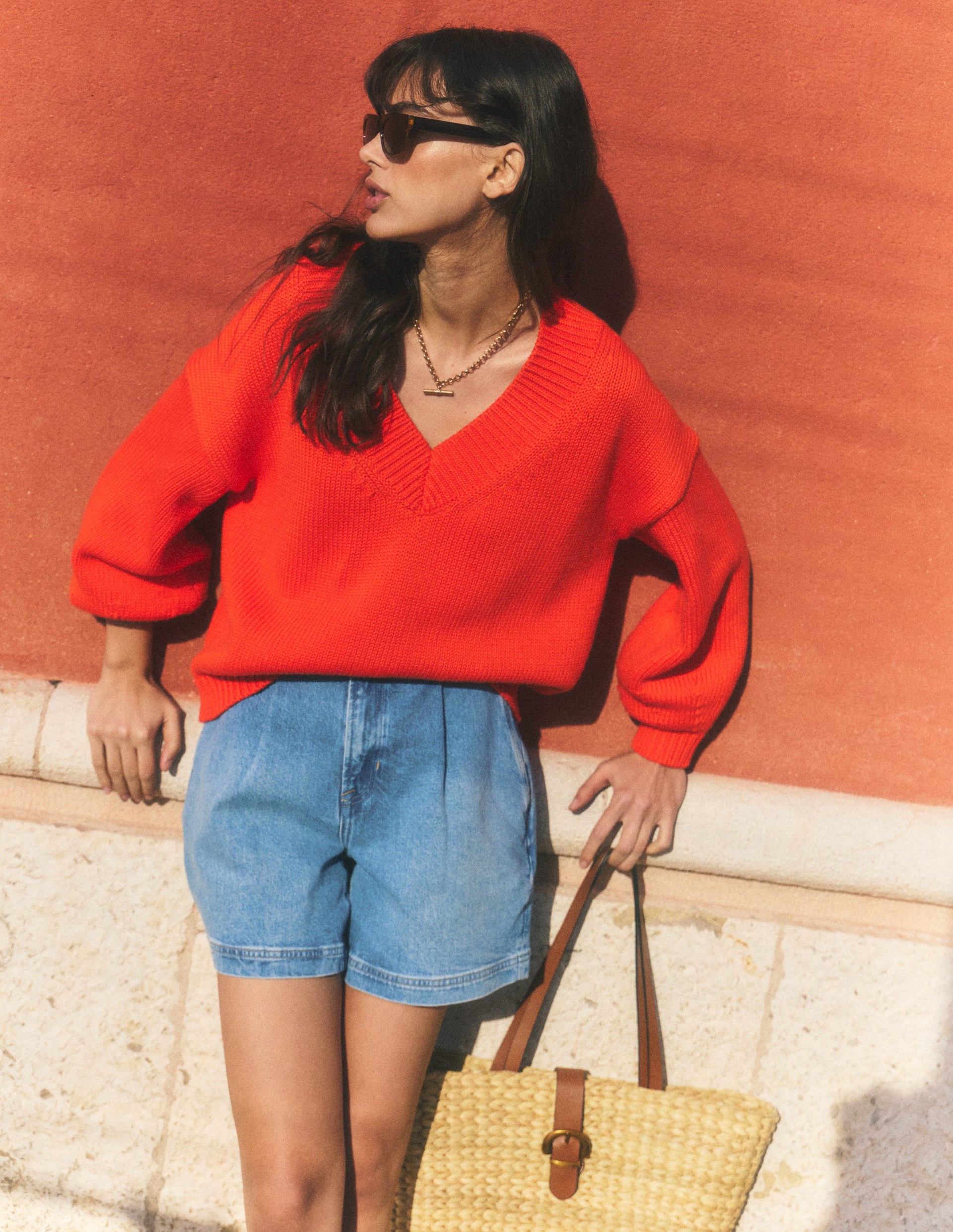 Lucy Cotton V-Neck Jumper-Sunset Orange