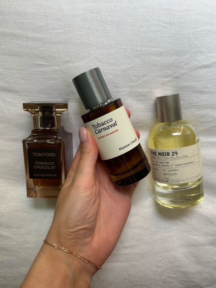 A selection of tobacco perfumes from Tom Ford, Maison Crivelli and Le Labo