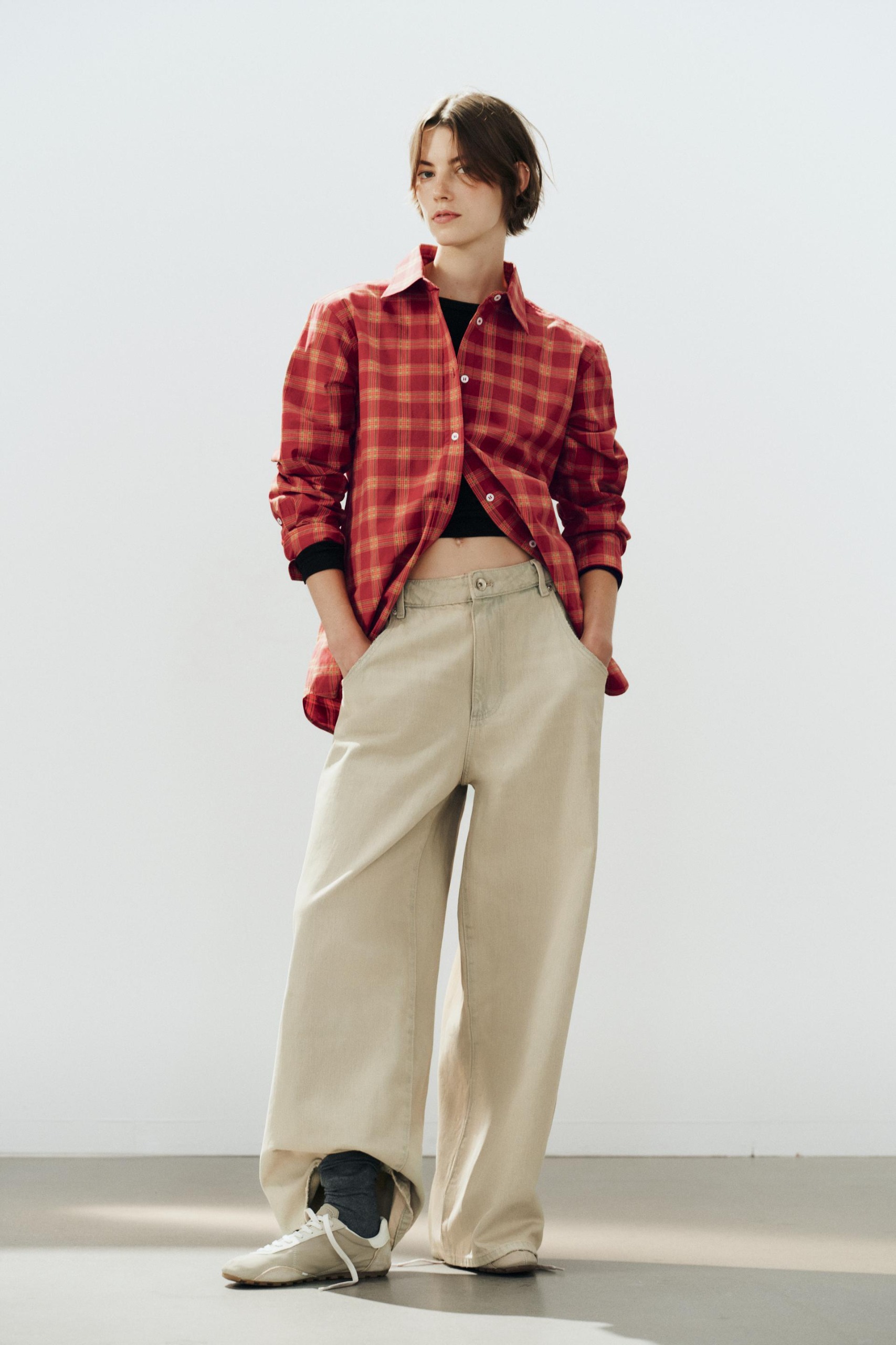 Check Poplin Oversize Shirt - Orange - Xs