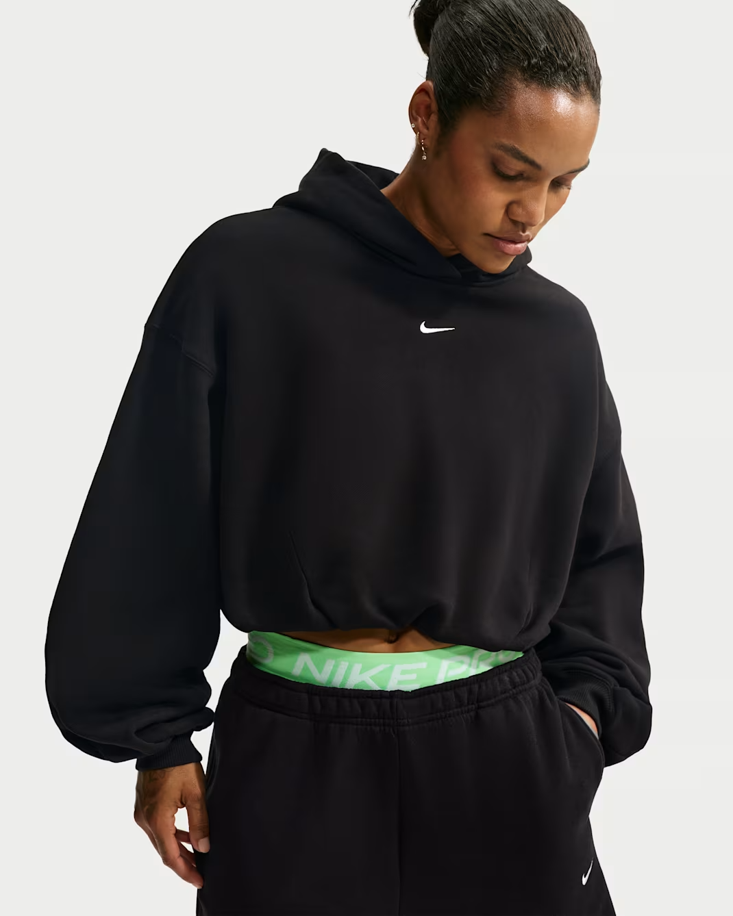 Nike, Nike Studio Fleece Medium Weight Women's Oversized Cropped Hoodie - Total Black/sail - Size Xxs