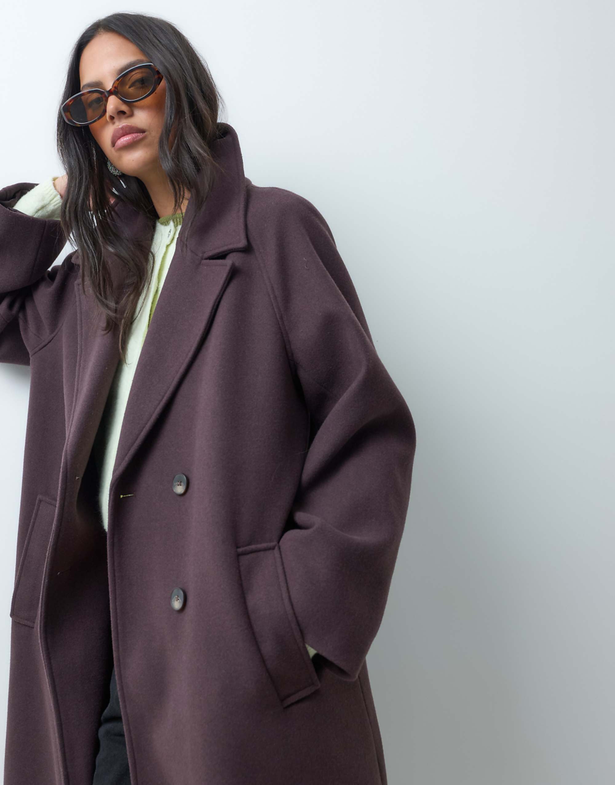 Asos Design Longline Double Breasted Coat in Chocolate Plum