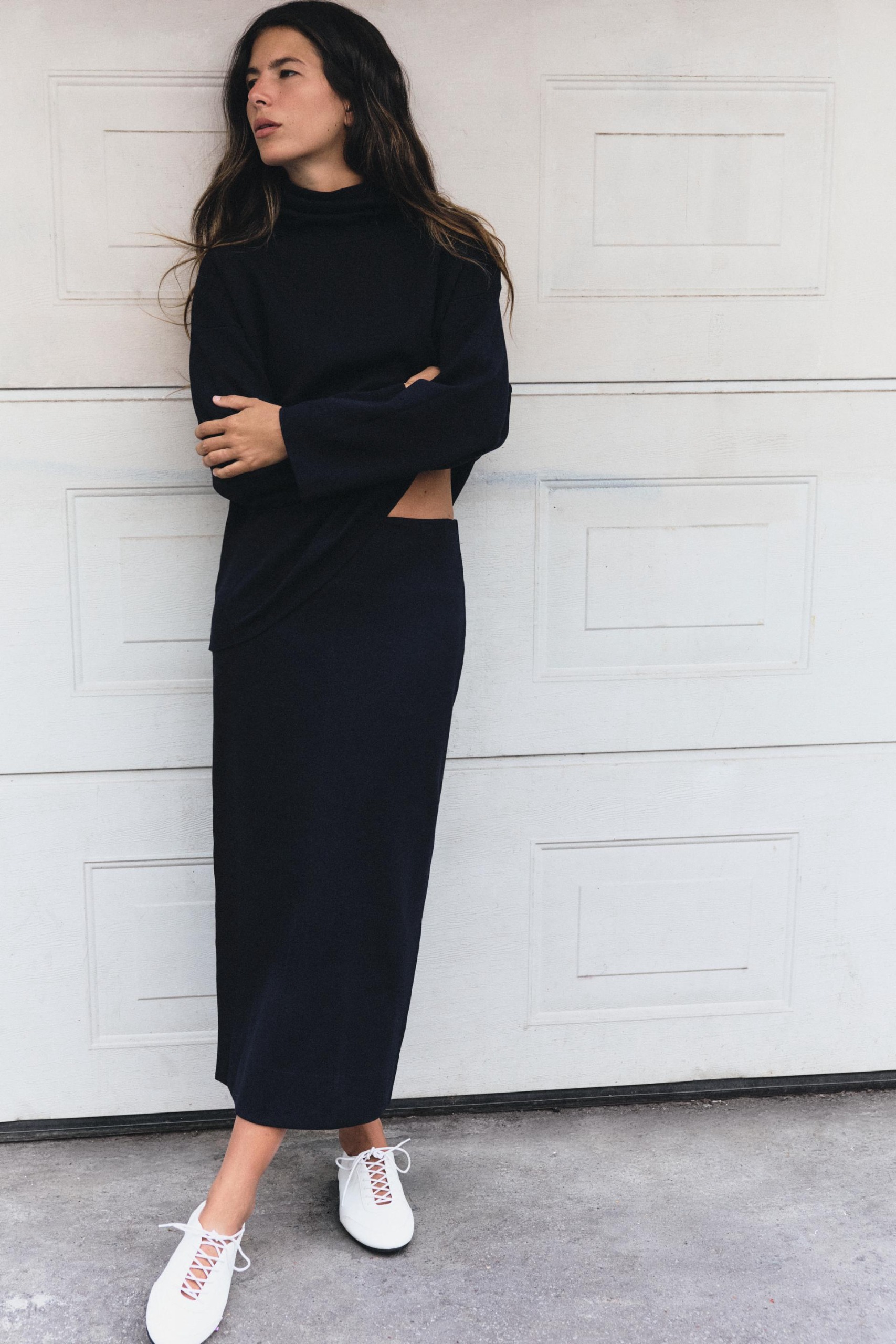 Knit Midi Skirt With Elastic Waist - Navy Blue - Xs