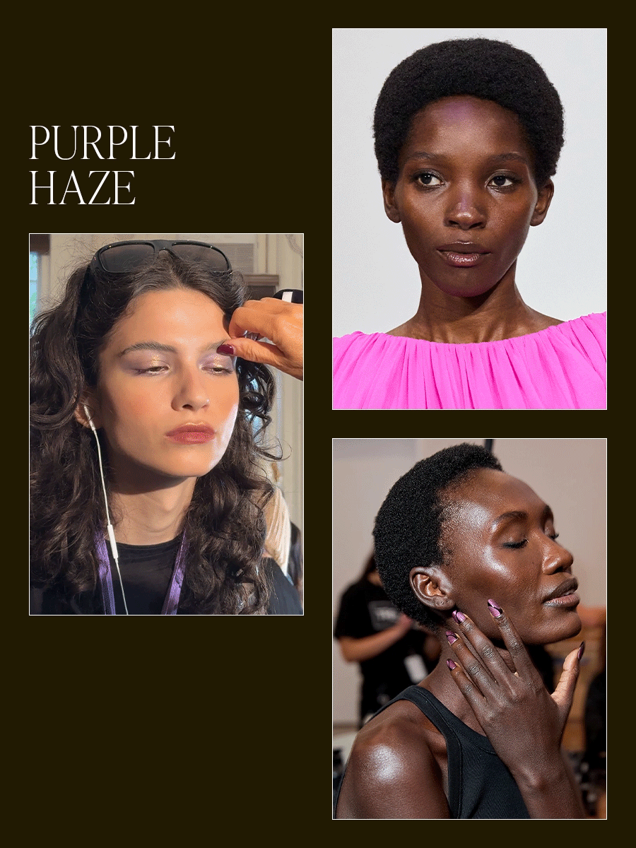Collage of purple haze NYFW beauty trend.