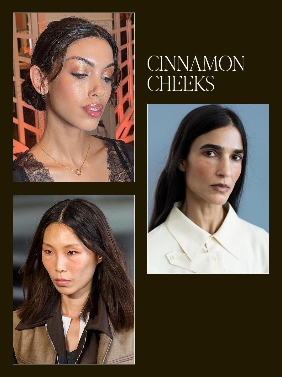 Collage of cinnamon cheeks NYFW beauty trend.