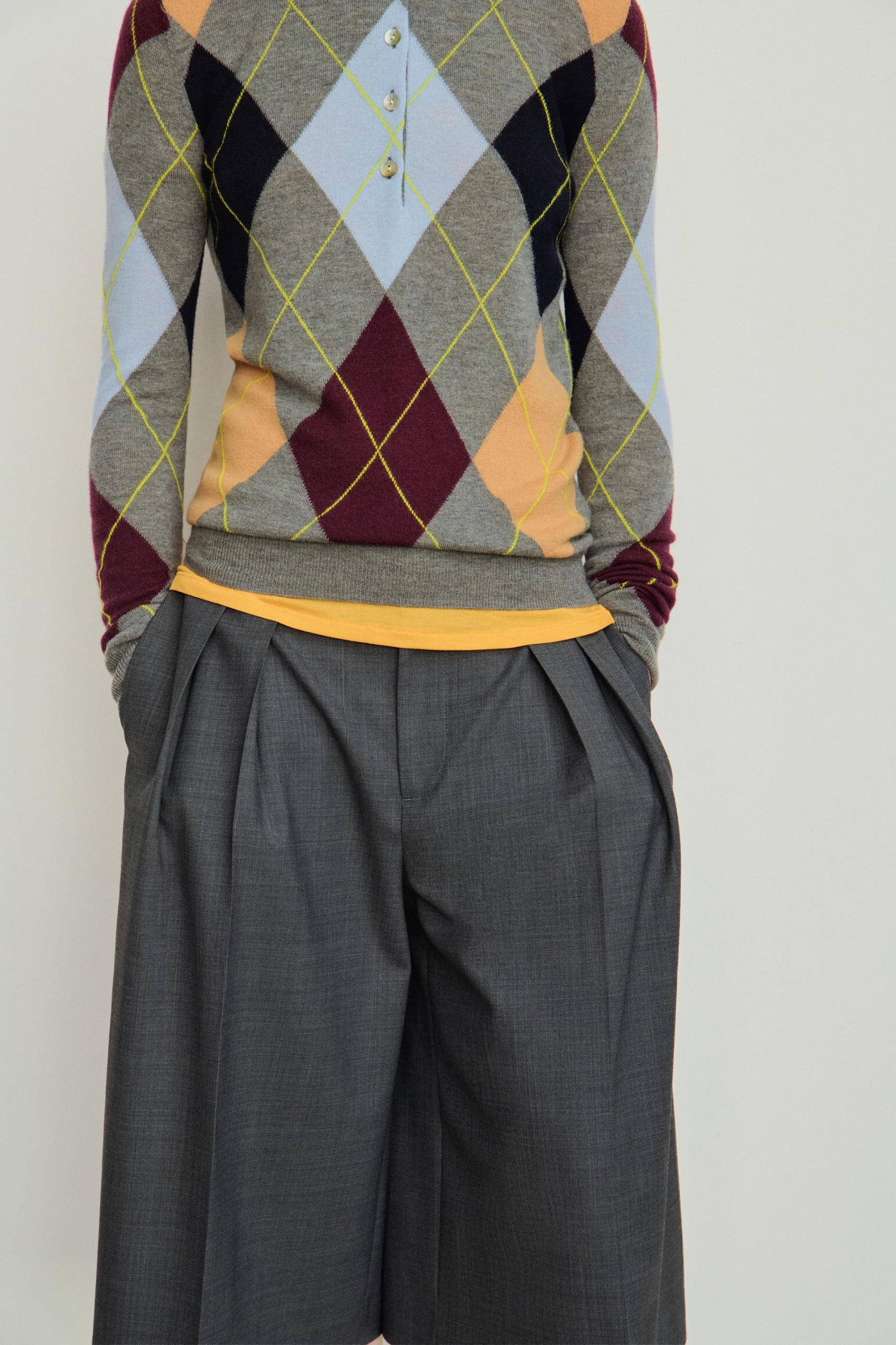100% Wool Argyle Polo Jumper - Multicoloured - S