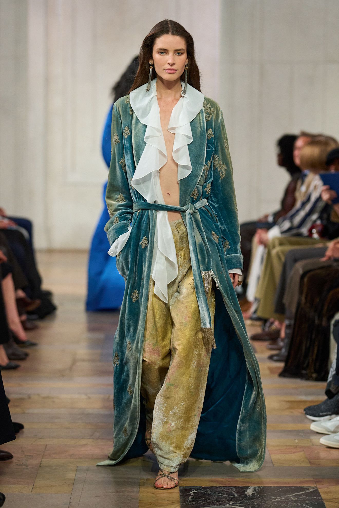 Ralph Lauren spring/summer 27 runway model wears velvet duster coat