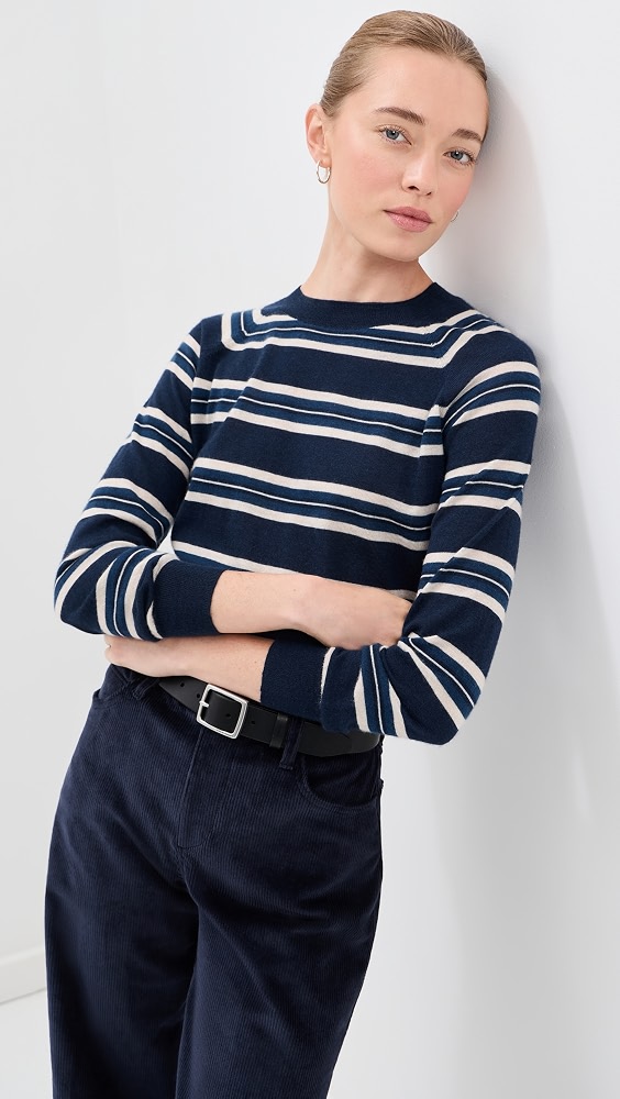 Long Sleeve Striped Raglan Cashmere Sweater - Navy Stripes