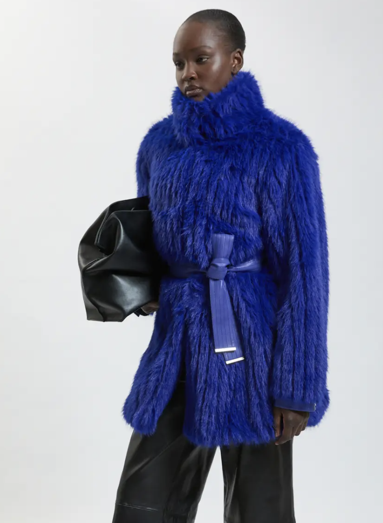 Karen Millen, Textured Faux Fur Belted Collar Short Coat
