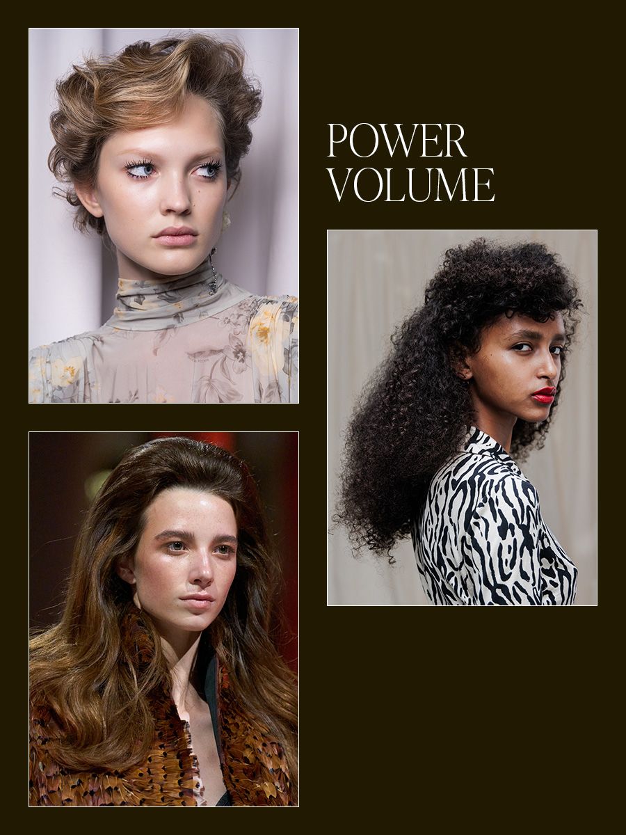 Collage of power volume NYFW beauty trend.