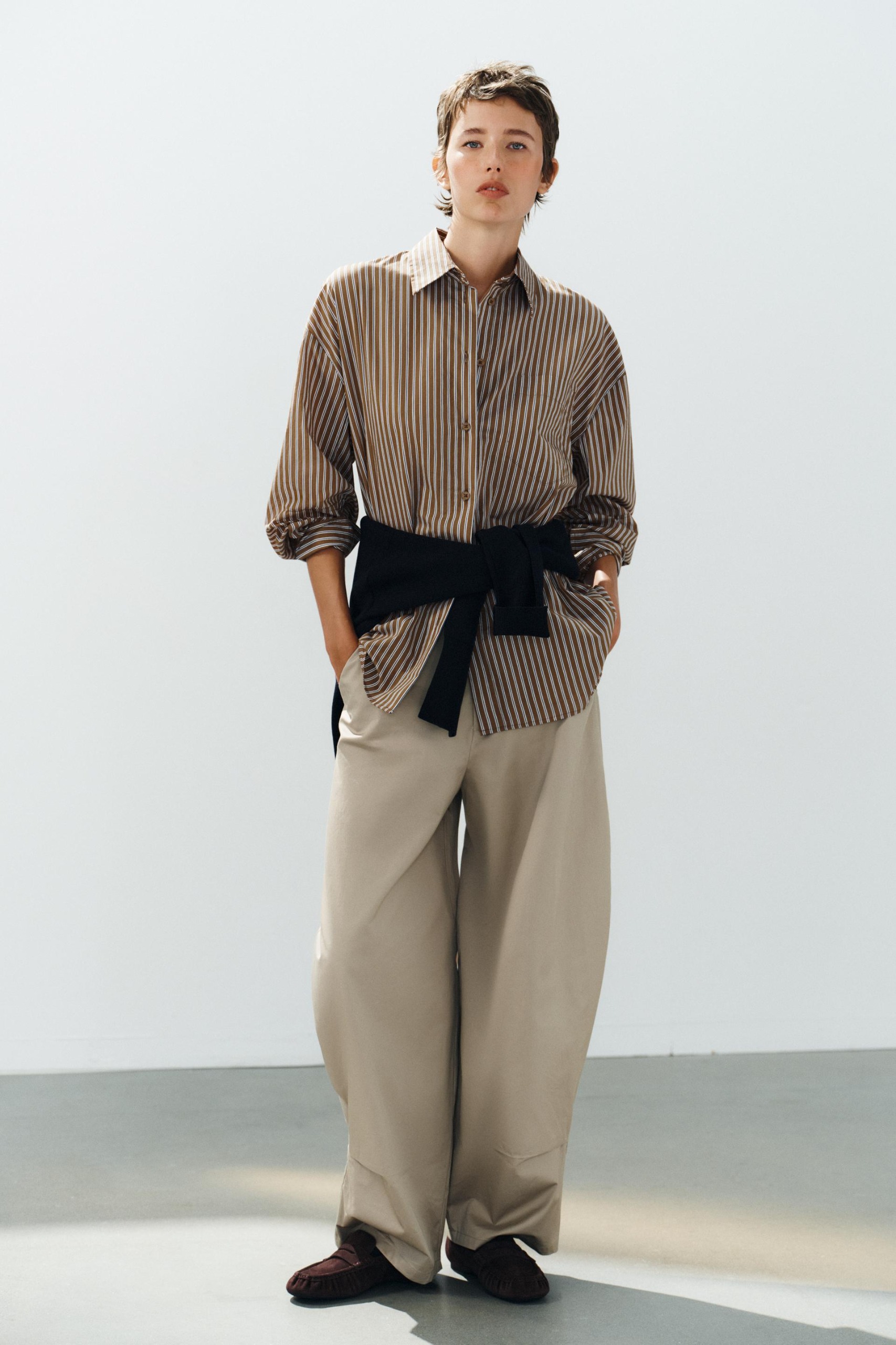 Oversize Striped Pocket Shirt - Brown-Blue - Xs
