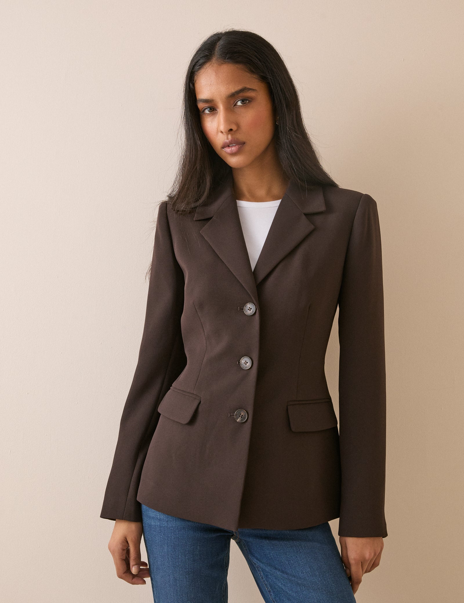 Brown Single Breasted Cinched Blazer