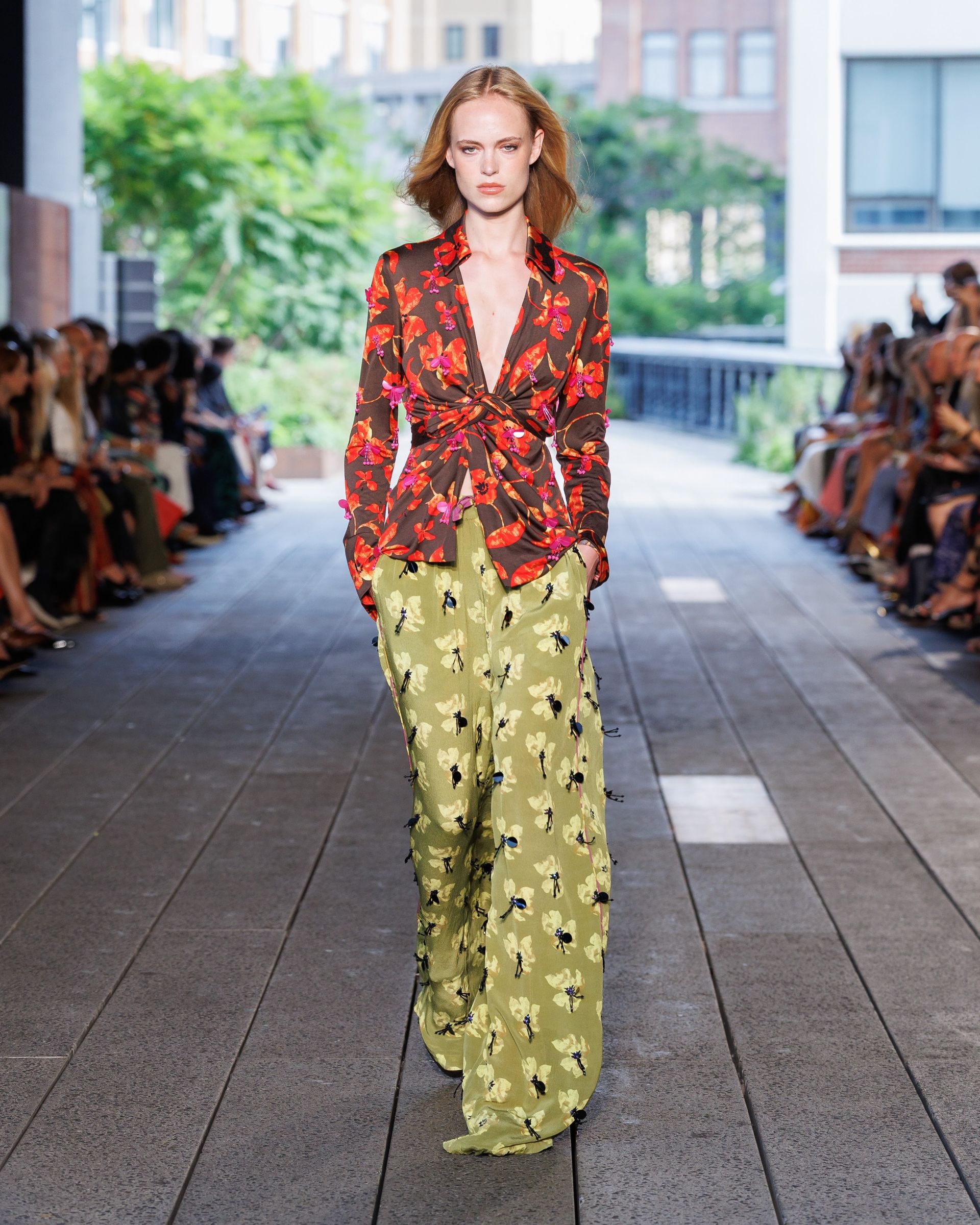Diane Von Furstenberg ss27 runway model wears clashing florals