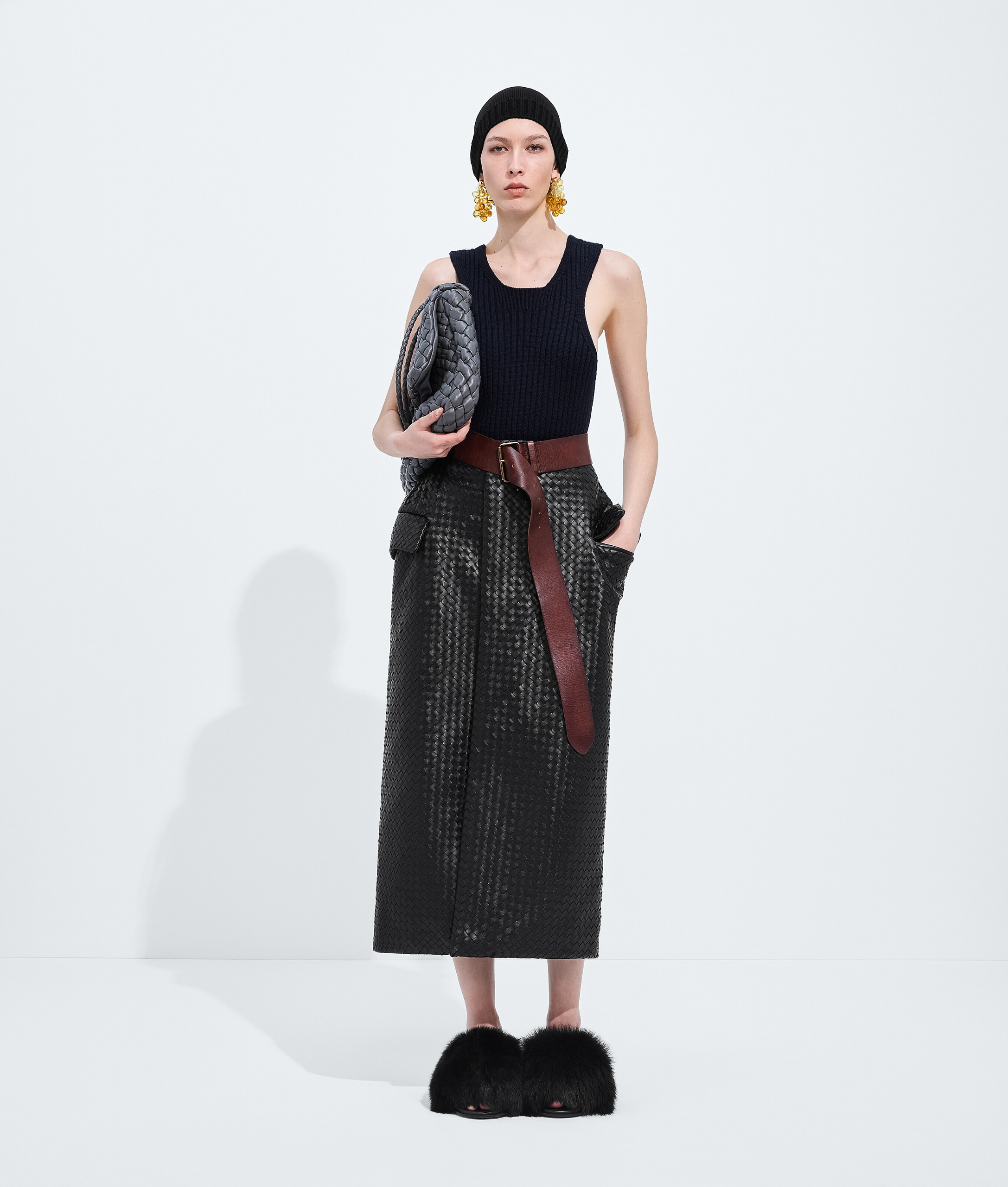 Women's Intrecciato Leather Skirt in Double Black
