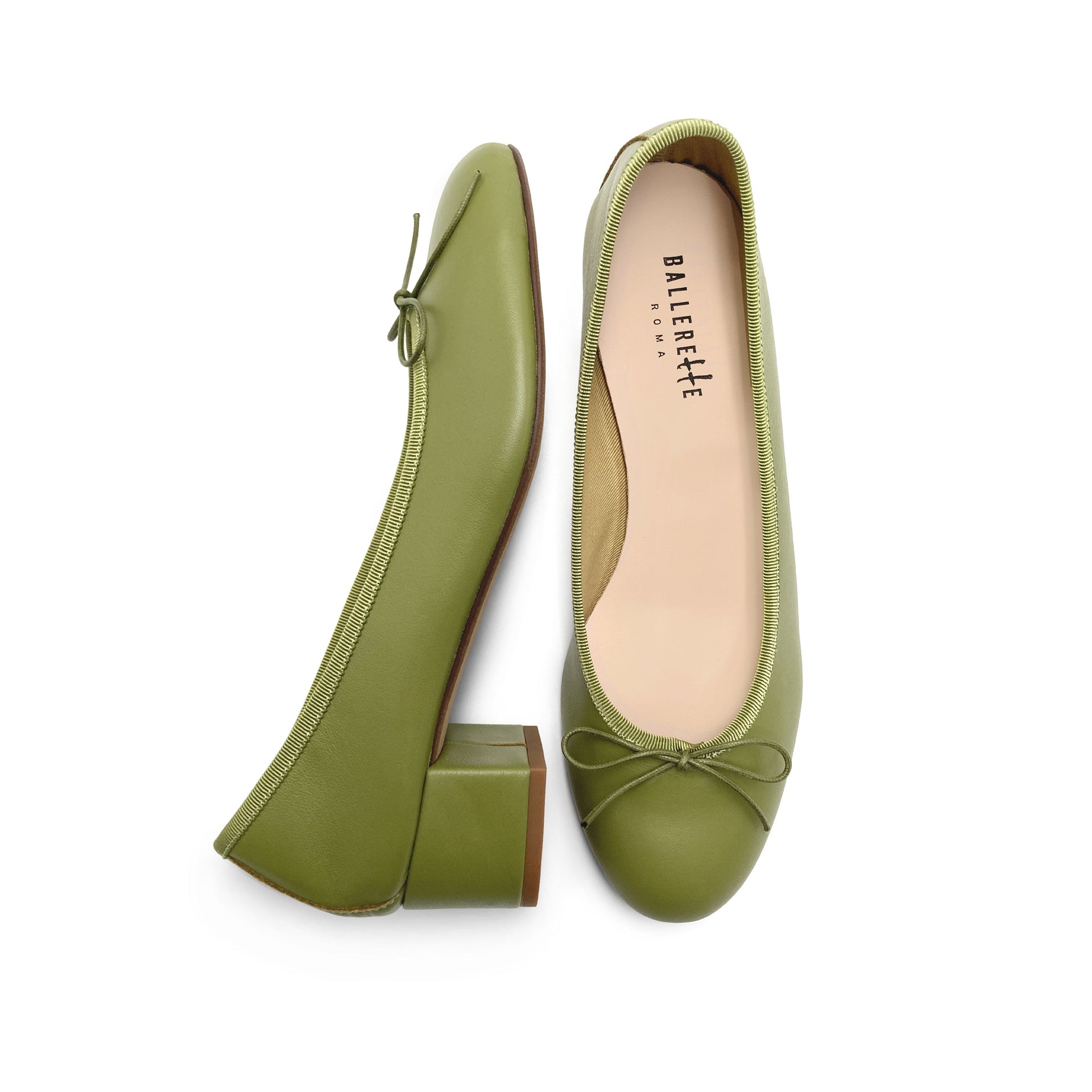 Olive Green Leather Ballet Flats With Heel - Us5 - It35
