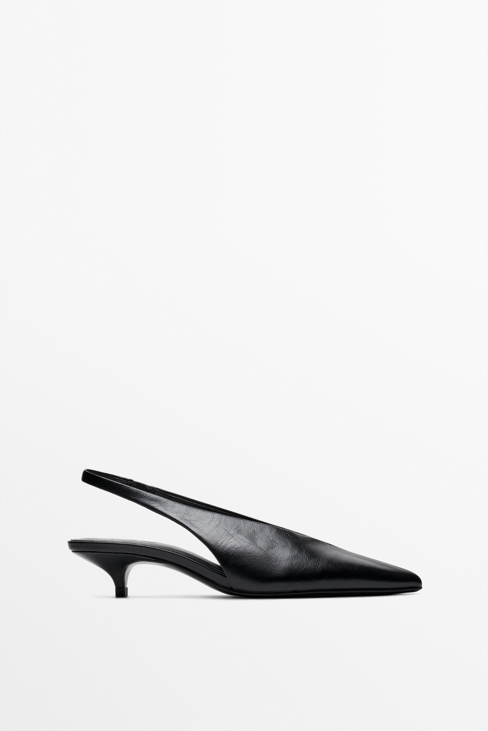 An image of a black leather slingback kitten heel from Massimo Dutti