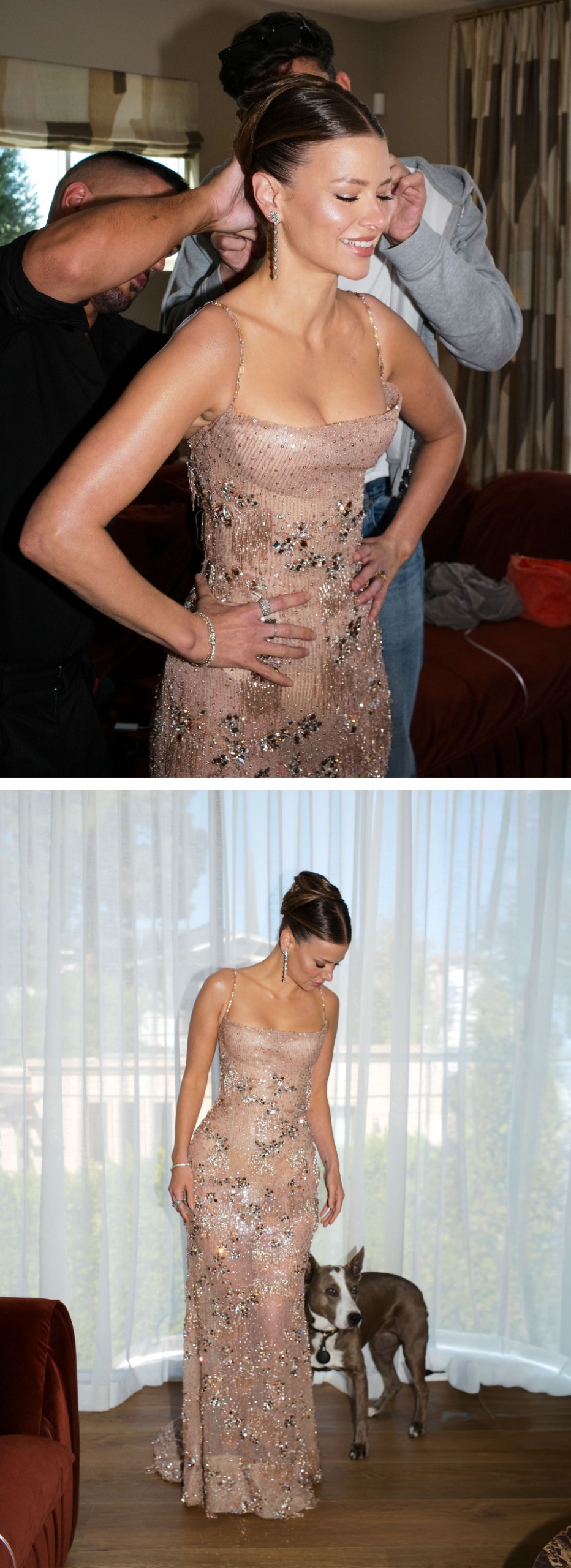 Top: Ariana Madix receives final hair touchups before heading out to the Creative Arts Emmy Awards. Bottom: Ariana Madix poses with her dog in her hotel room.