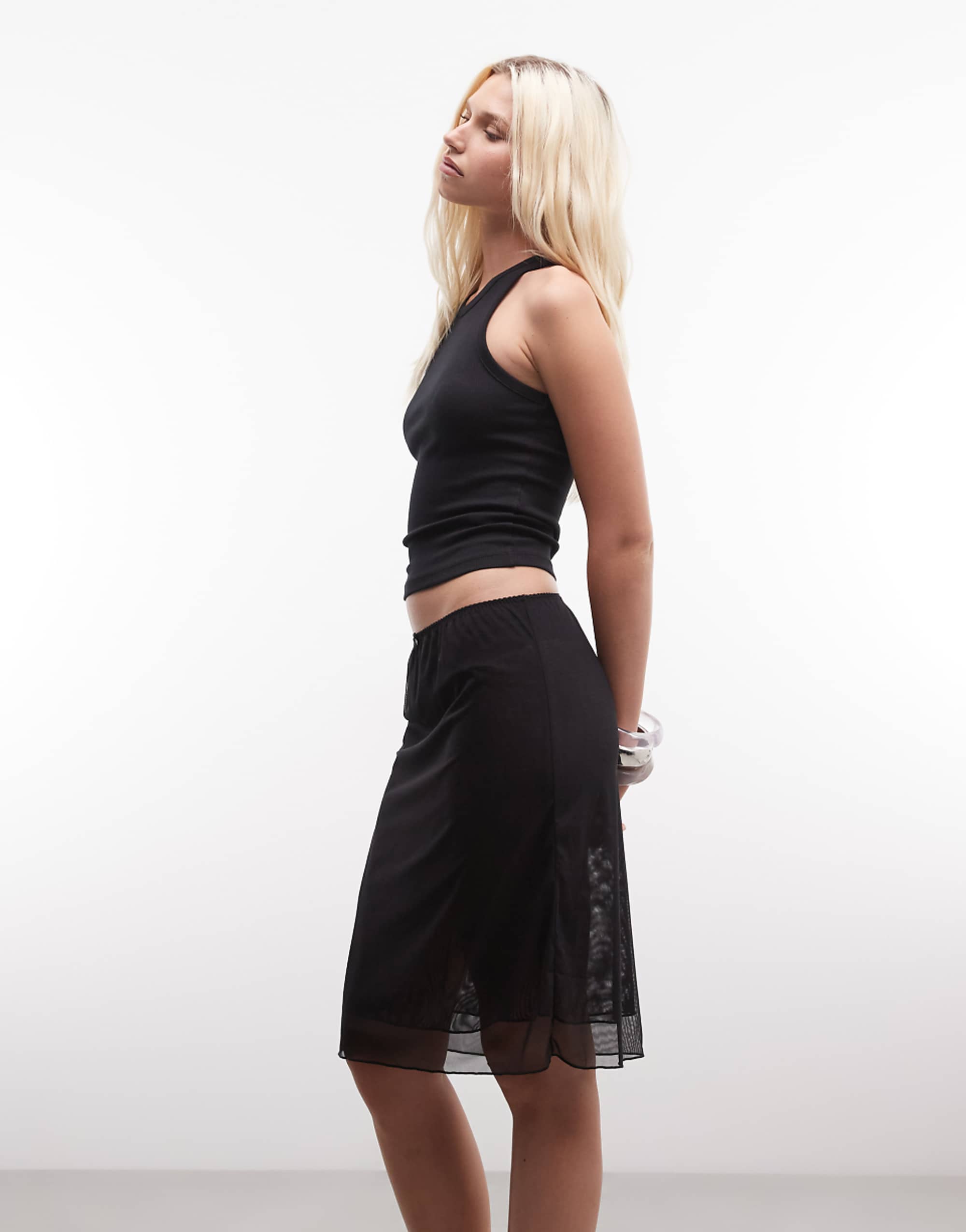 Monki Mesh Knee Length Skirt in Black