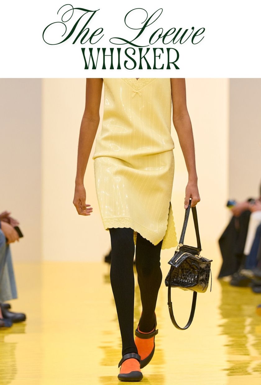 autumn winter it bags 2026: Model carries a black Loewe whisker bag on the A/W runway