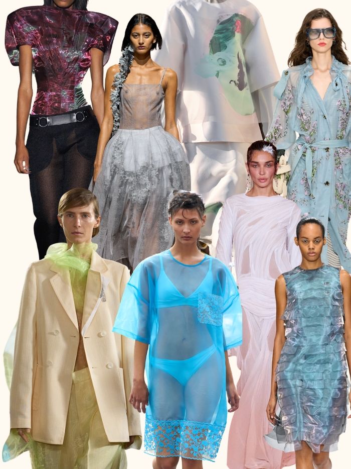 Runway collage of the organza trend from London Fashion Week spring/summer 2027 collections. Designers include McQueen, Pauline Dujancourt, Roksanda, Burberry, Toga, Susan Fang, Di Petsa and Mulberry.