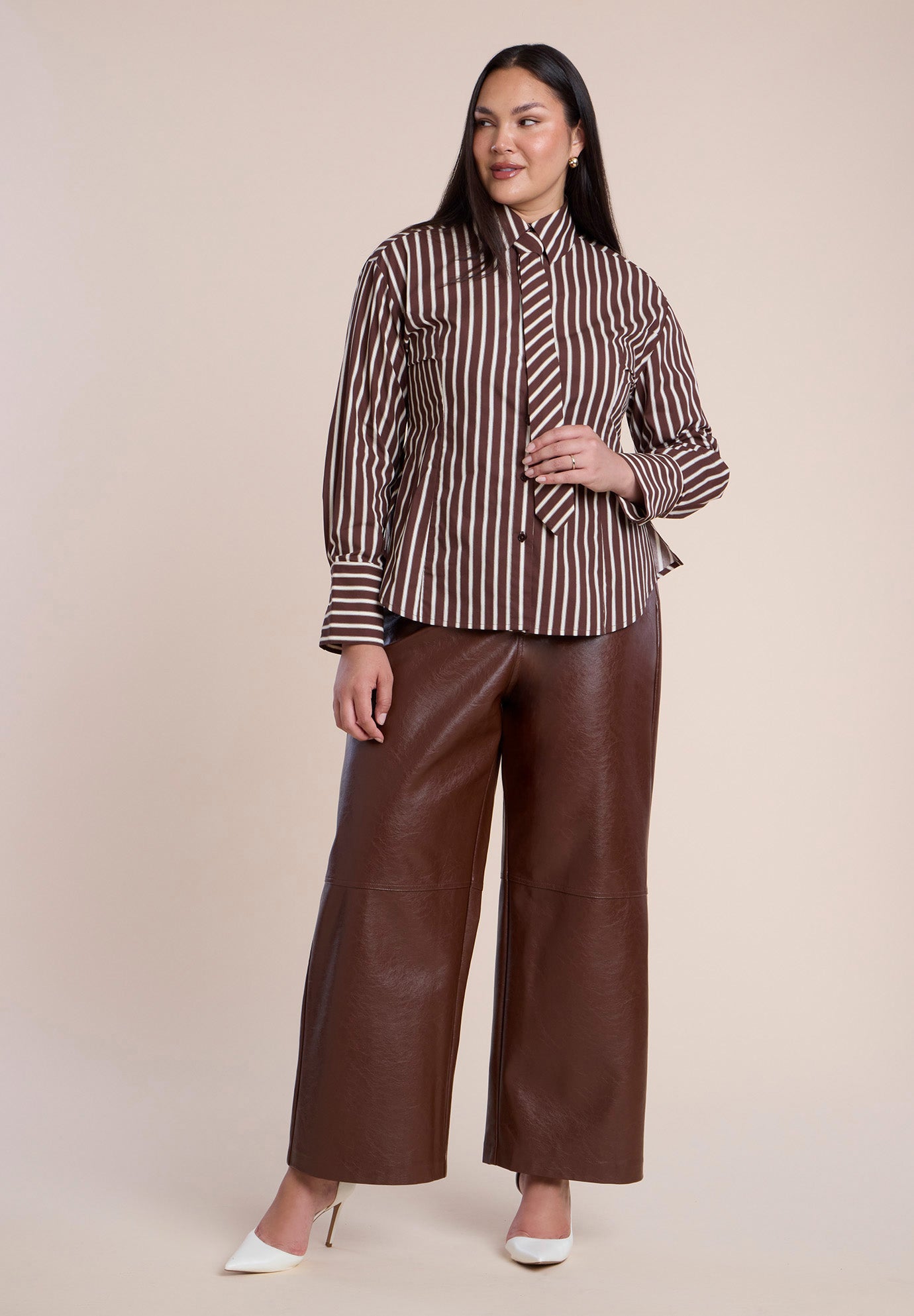 Striped Poplin Button Up Top With Tie