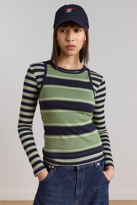 Manon Layered 2 in 1 Top - Green Stripe
